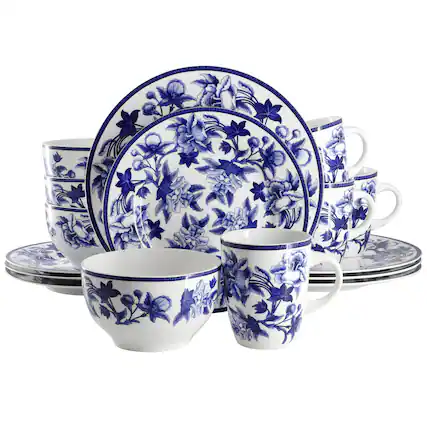 Front. Elama - Elama Cattleya Orchid 16 Piece Round Porcelain Dinnerware Set in Blue and White - Blue and White.