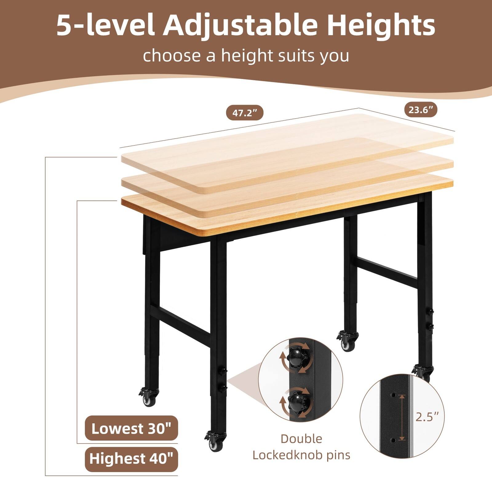 5-level Adjustable Heights choose a height suits you  
47.2" 23.6" Lowest 30" Highest 40" Double Lockedknob pins 2.5"