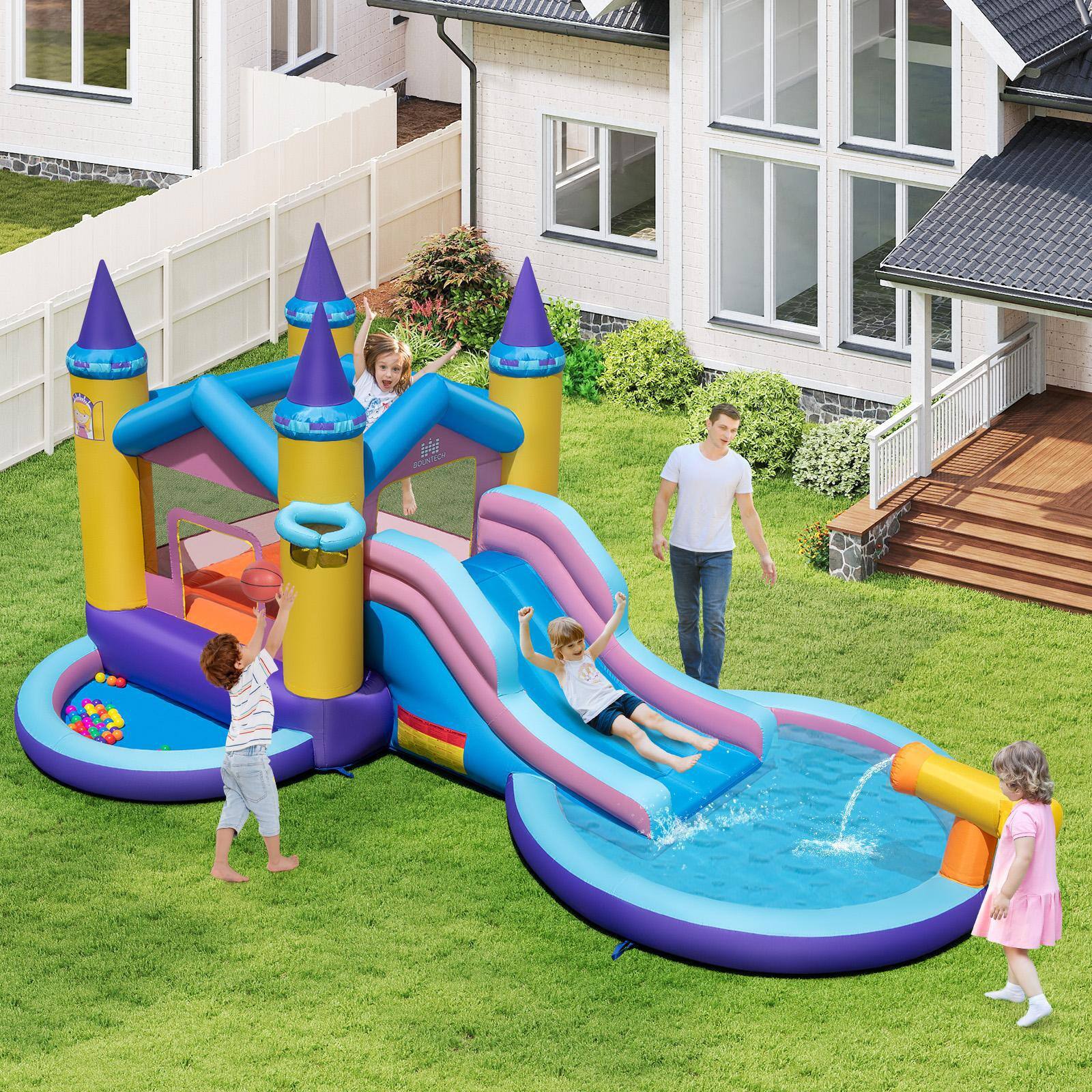 Left. Resenkos - 6-in-1 Inflatable Kids Water Park - Fun-Filled Summer Backyard Play Center for Outdoor Entertainment - Multicolor.