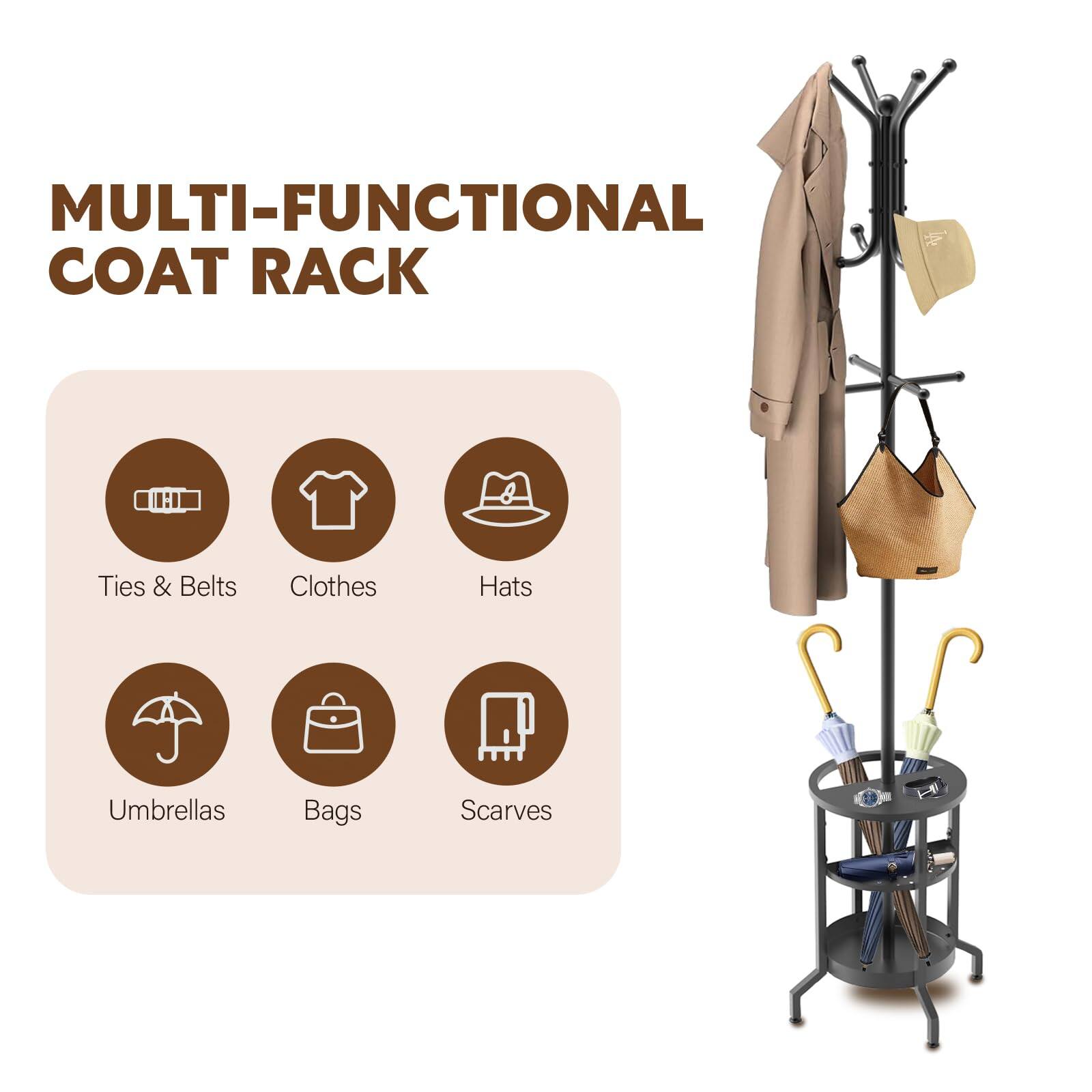 MULTI-FUNCTIONAL COAT RACK

- Ties & Belts
- Clothes
- Hats
- Umbrellas
- Bags
- Scarves