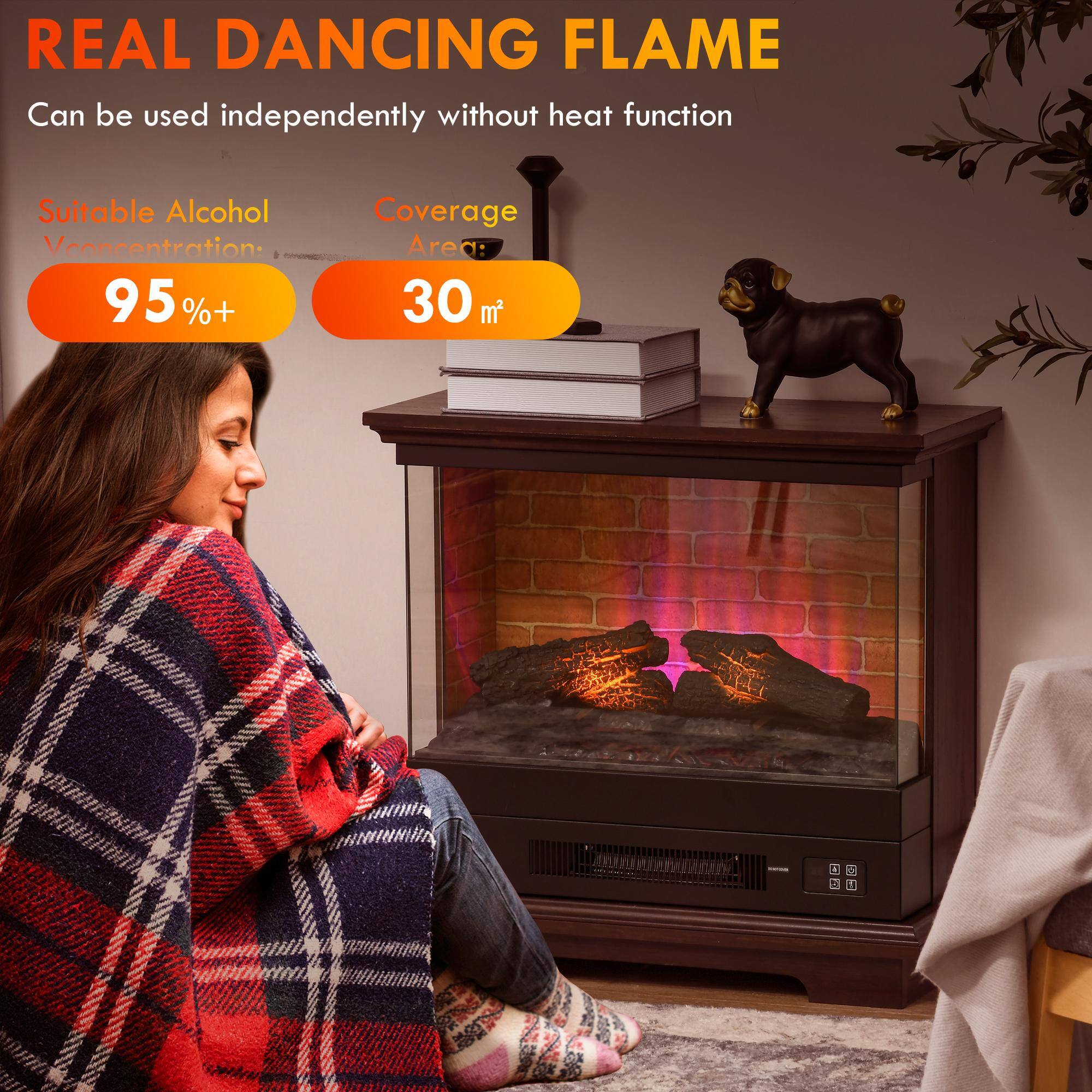 REAL DANCING FLAME  
Can be used independently without heat function  

Suitable Alcohol Vconcentration: 95%+  
Coverage Area: 30 m²