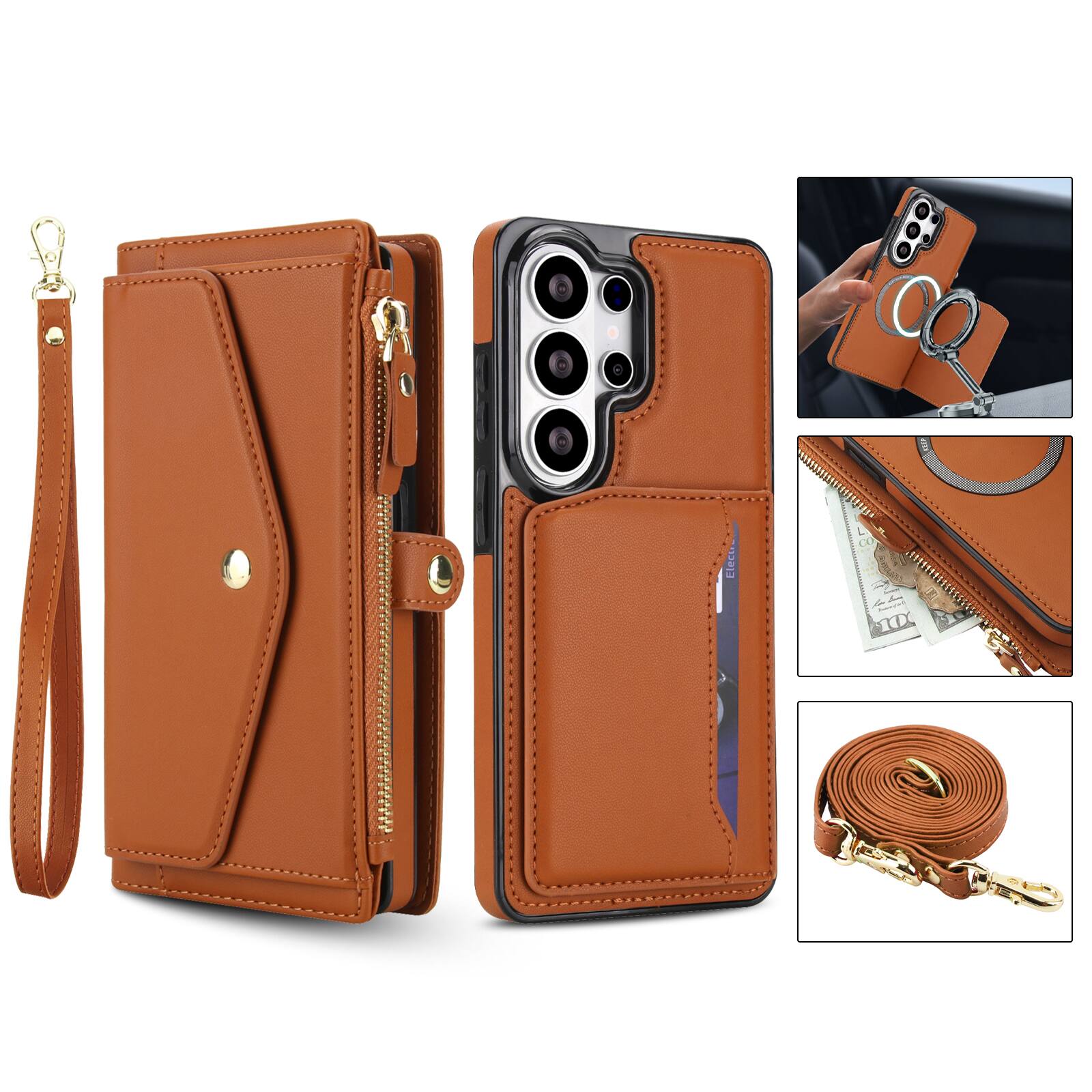 Alt View 5. UUCOVER - Magnetic Leather Detachable Zipper Wallet RFID Blocking Case for Samsung Galaxy S26 Ultra+Shoulder Strap / Wrist Strap - Brown.