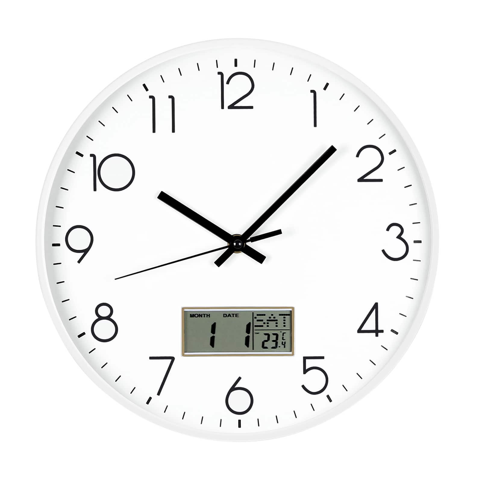 Oumilen - 12" Wall Clock with Digital Calendar Display - White