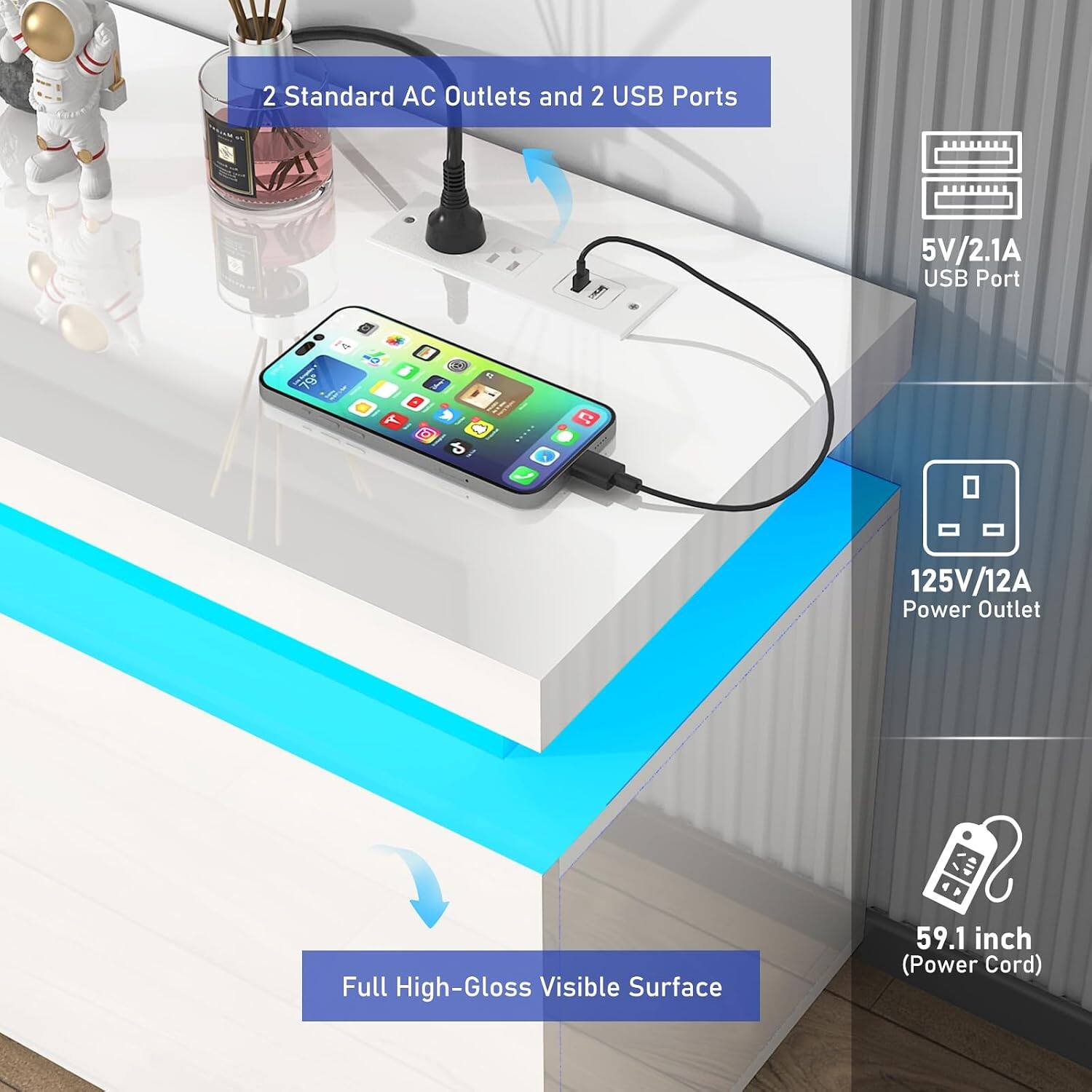 2 Standard AC Outlets and 2 USB Ports  
5V/2.1A USB Port  
125V/12A Power Outlet  
Full High-Gloss Visible Surface  
59.1 inch (Power Cord)