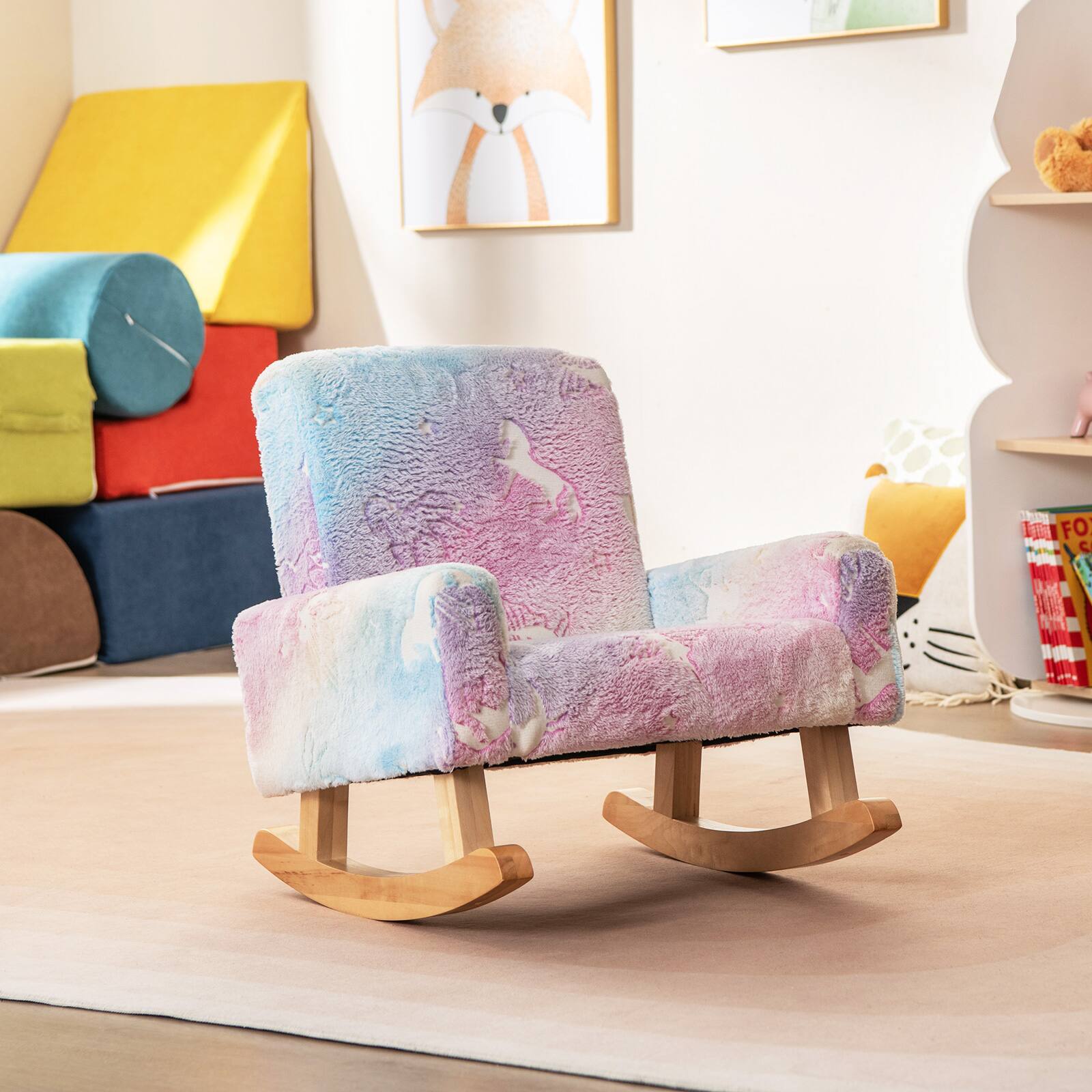 Alt View 1. Costway - Costway Kids Rocking Chair Upholstered Flannel Children Rocker with Comfy Backrest - Multicolor.