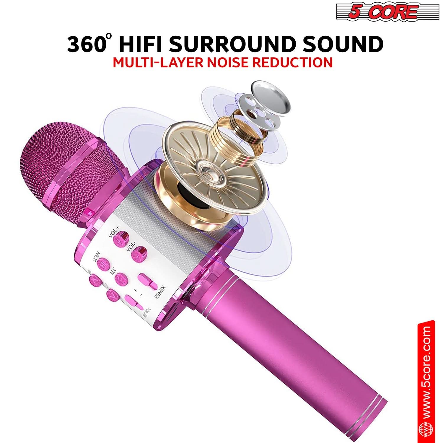 5 CORE 360 HIFI SURROUND SOUND MULTI-LAYER NOISE REDUCTION VOL+ VOL- SCAN b REMIX KI www.5core.com