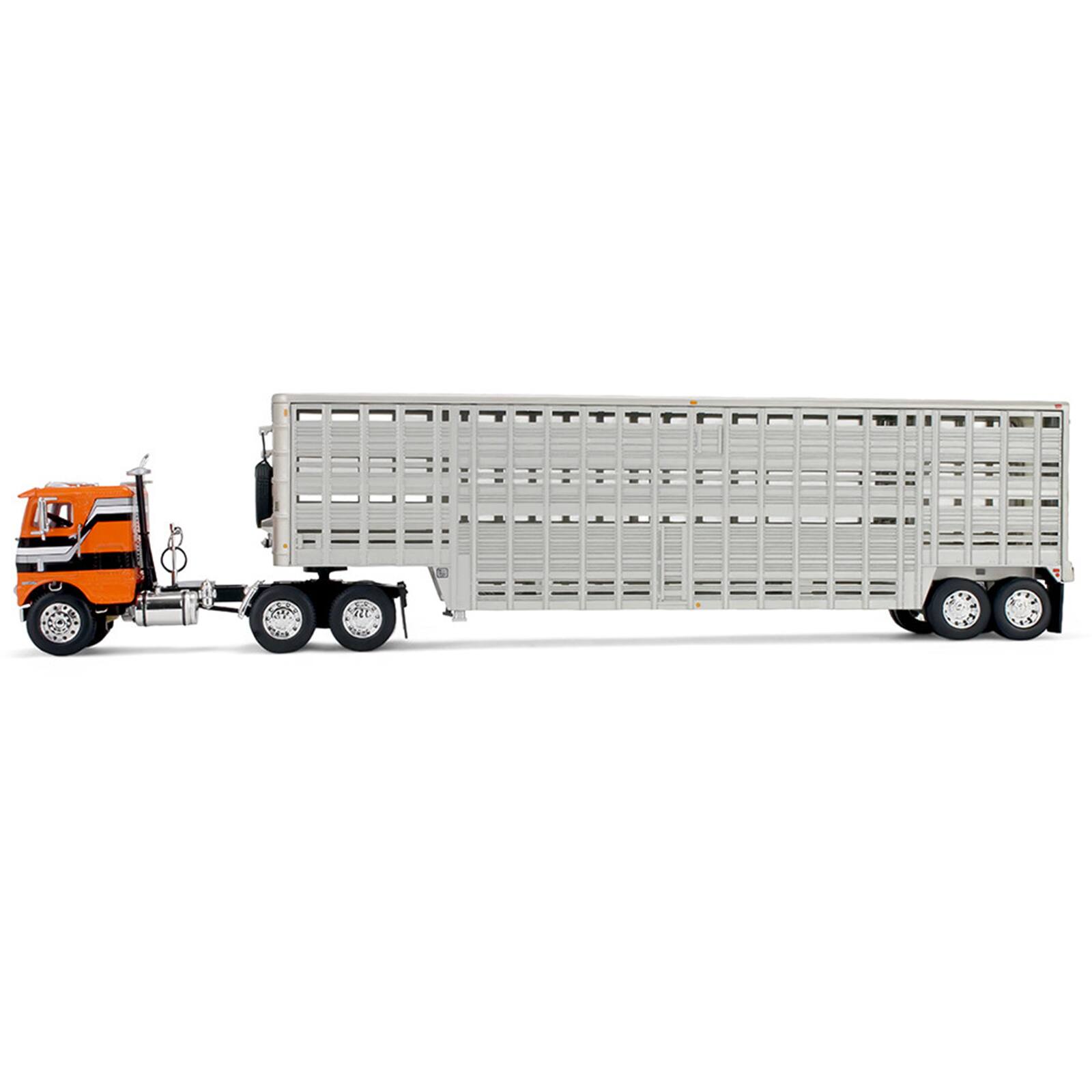 Alt View 2. First Gear - Freightliner COE and 45' Wilson Vintage Livestock Trailer Orange with Stripes 1/64 Diecast Model by First Gear.