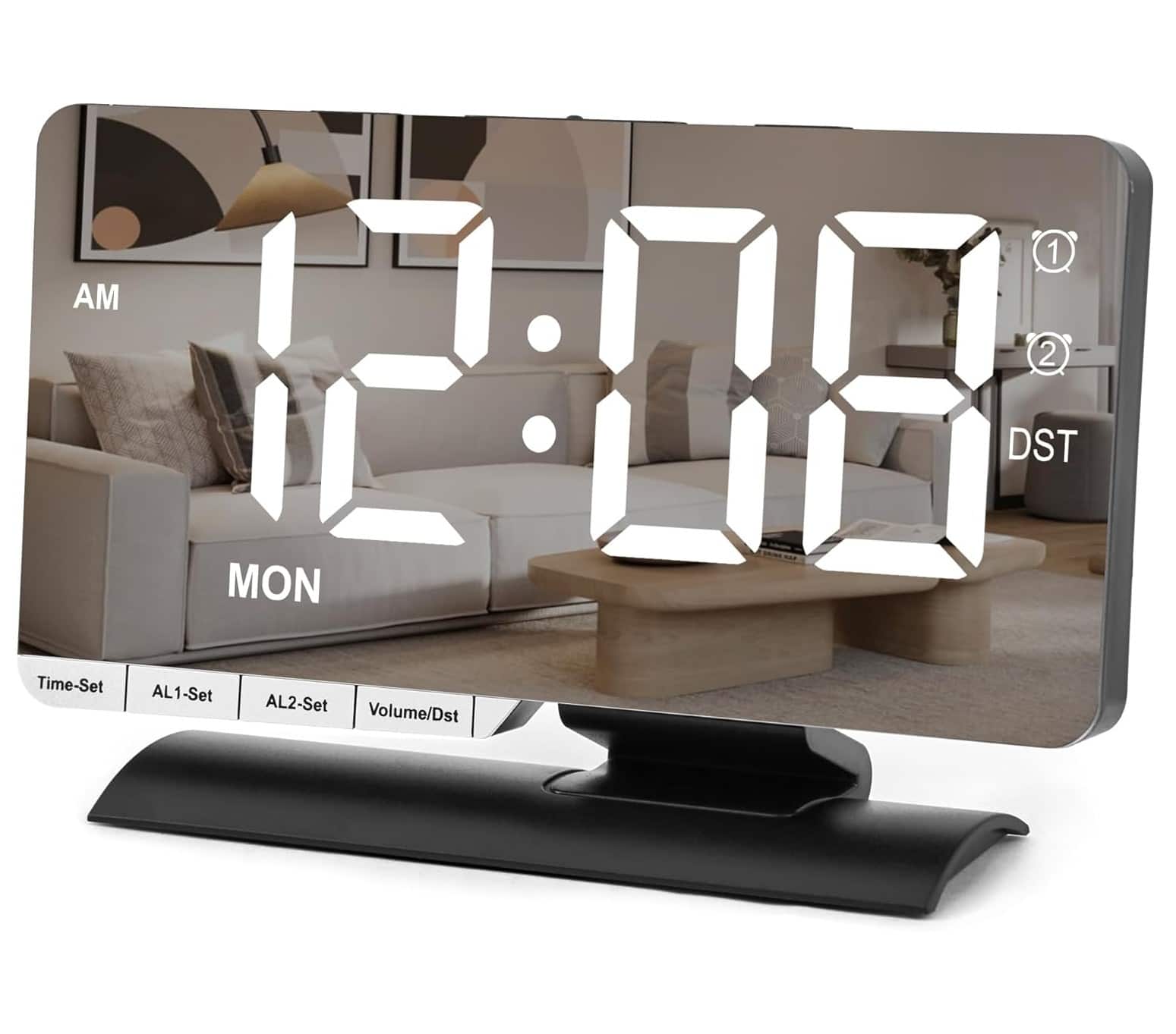 FINEAK - Large LED Mirror Digital Alarm Clock with Dual USB Charging - Black
