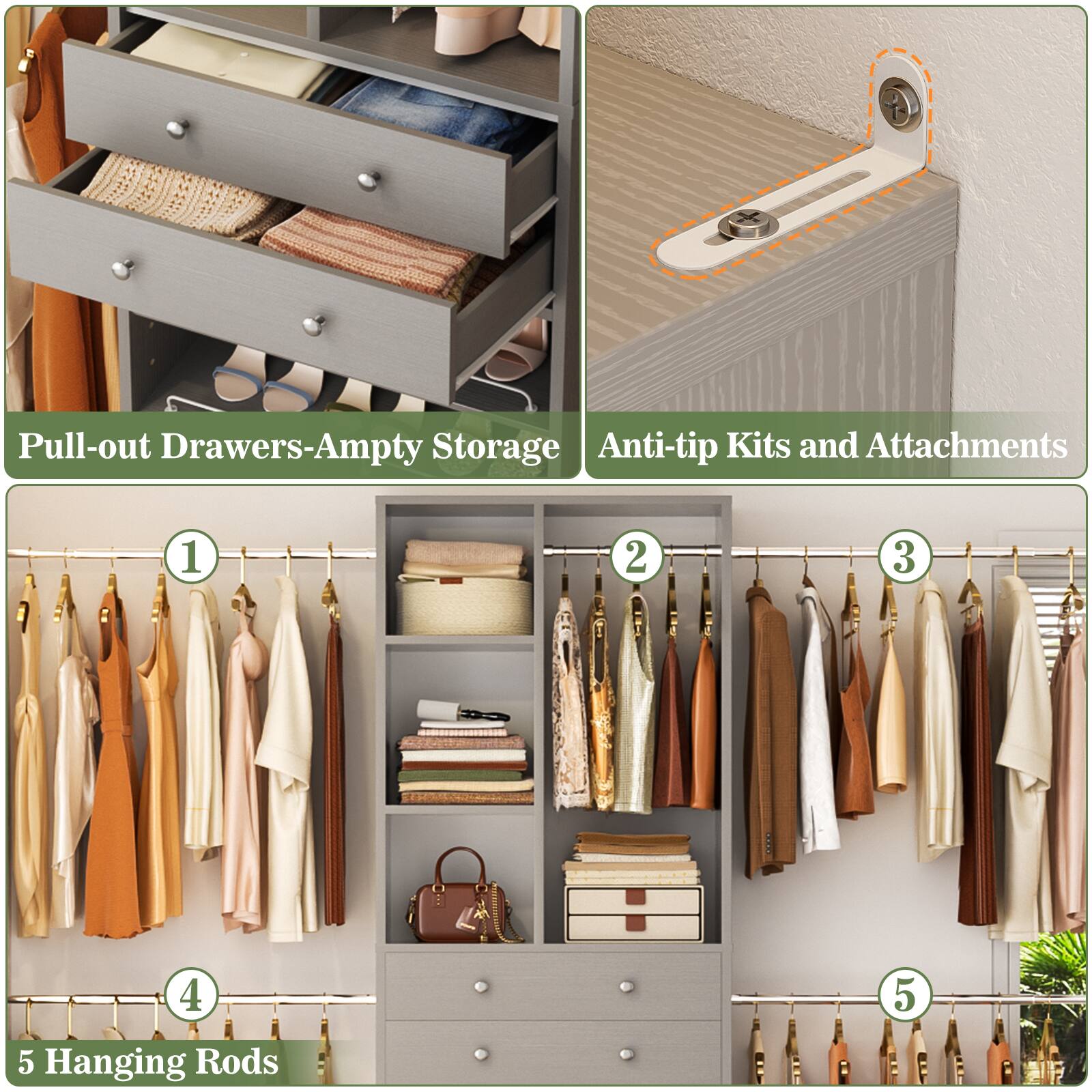 Pull-out Drawers-Ampty Storage  
Anti-tip Kits and Attachments  

5 Hanging Rods