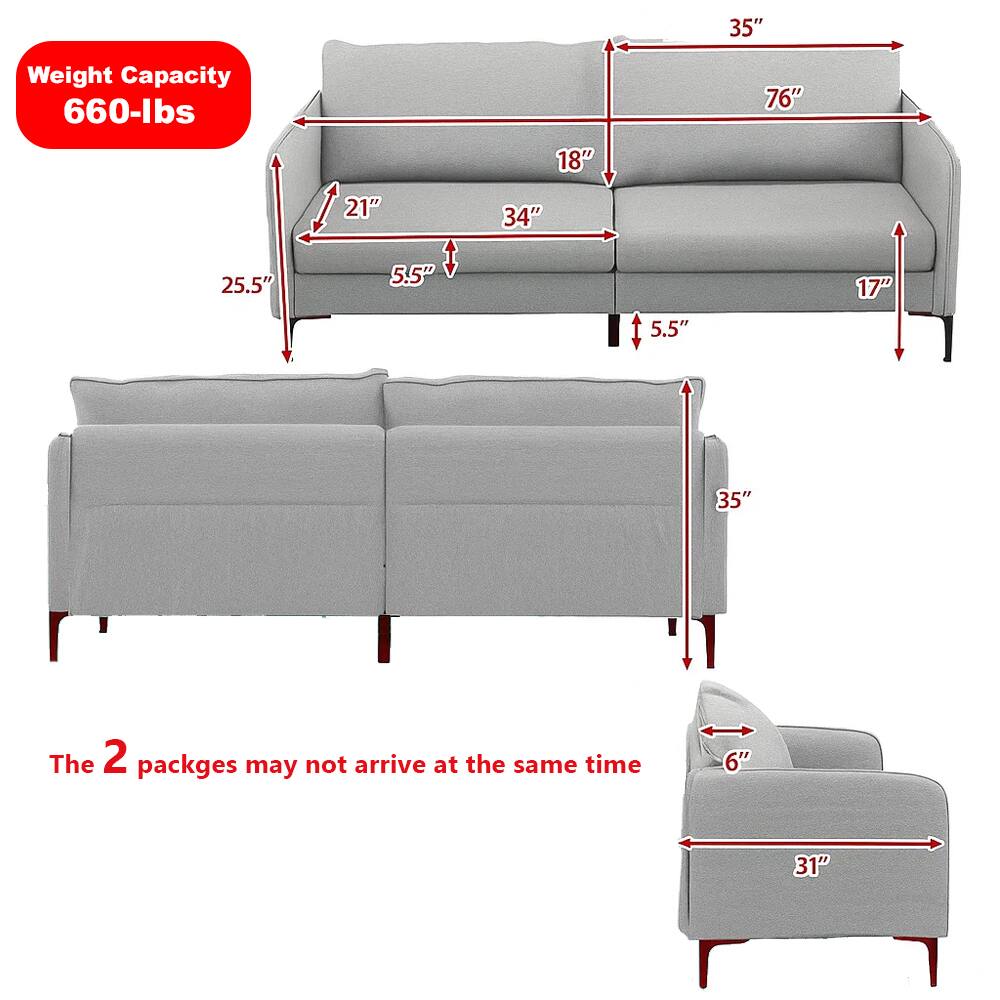 Weight Capacity: 660-lbs

Dimensions:
- Sofa: 76" (L) x 35" (W) x 18" (D) x 17" (H)
- Loveseat: 34" (L) x 25.5" (W) x 21" (D) x 5.5" (H)
- Ottoman: 31" (L) x 6" (W) x 5.5" (H)

The 2 packages may not arrive at the same time