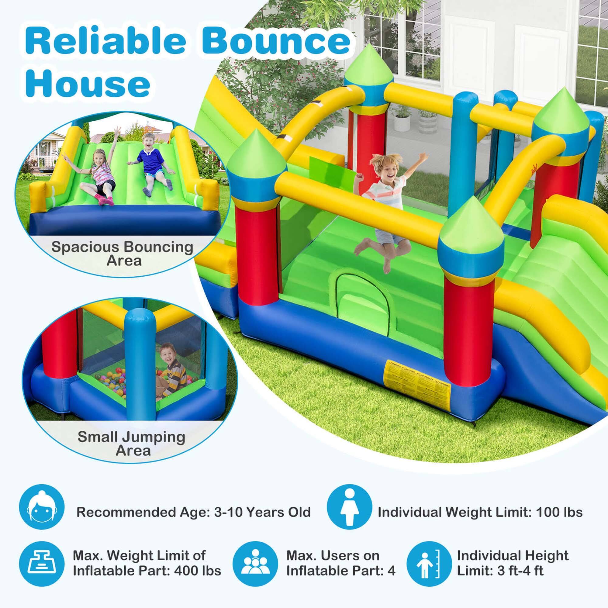 Reliable Bounce House:

* Spacious Bouncing Area
* Recommended Age: 3-10 Years Old
* Individual Weight Limit: 100 lbs
* Max. Weight Limit of Inflatable Part: 400 lbs
* Max. Users on Inflatable Part: 4
* Individual Height Limit: 3 ft-4 ft