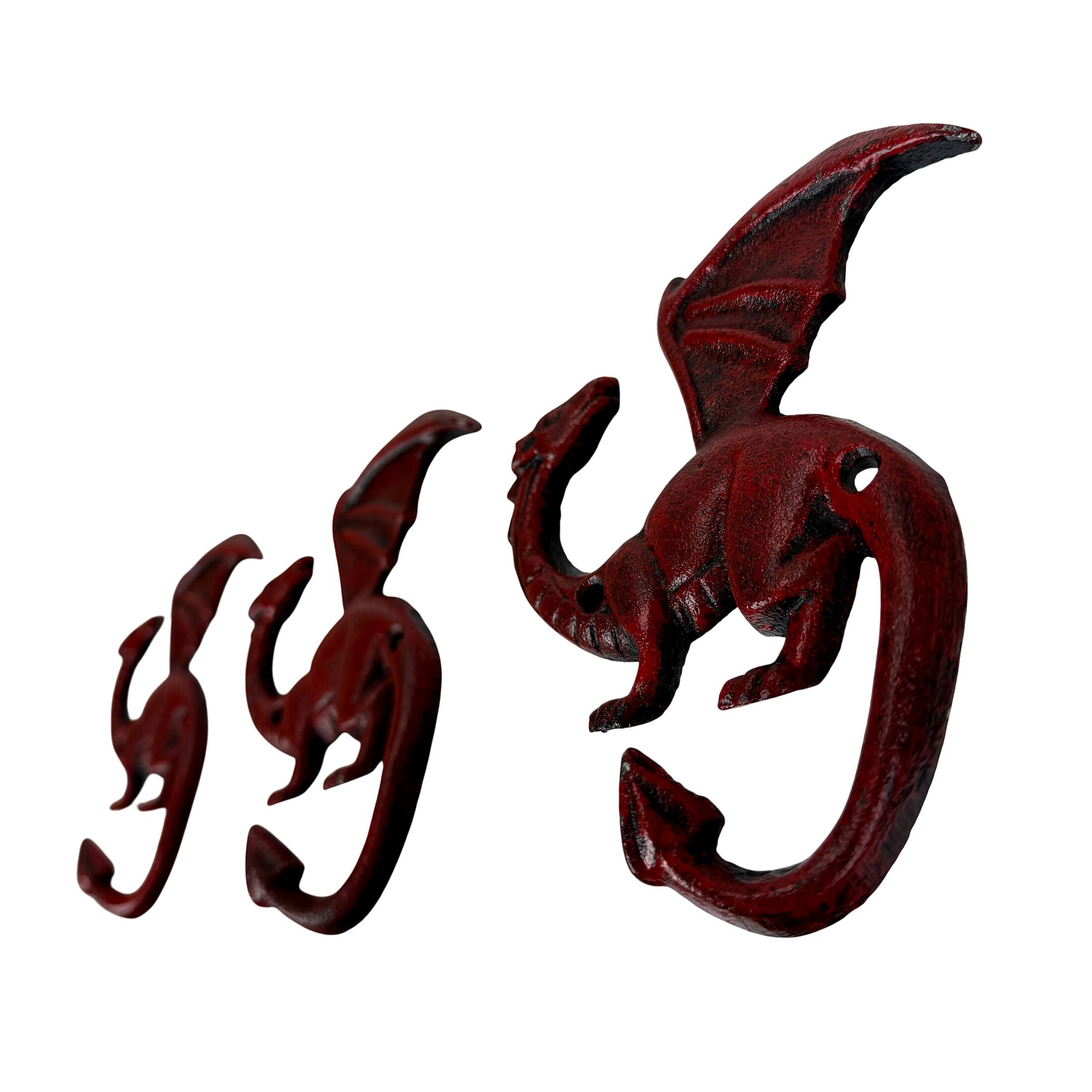 Alt View 2. Things2Die4 - Set of 3 Dragon Wall Hooks Red Rust Cast Iron Gothic 5.25 in Decorative - Red.