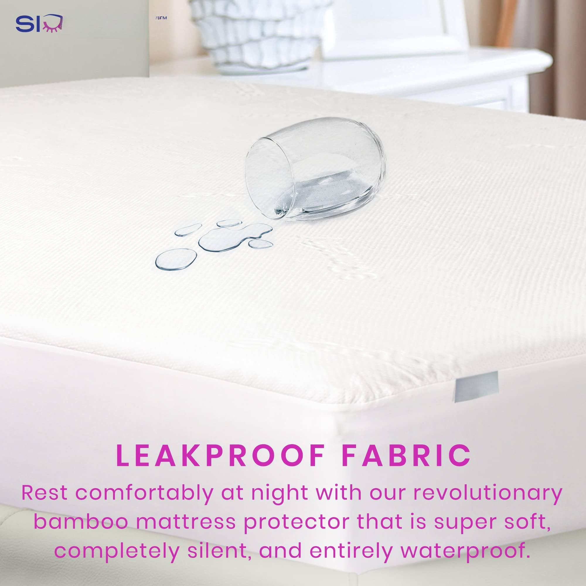 Sure, here is the corrected and grouped text:

---

**LEAKPROOF FABRIC**

Rest comfortably at night with our revolutionary bamboo mattress protector that is super soft, completely silent, and entirely waterproof.

---

**SI**