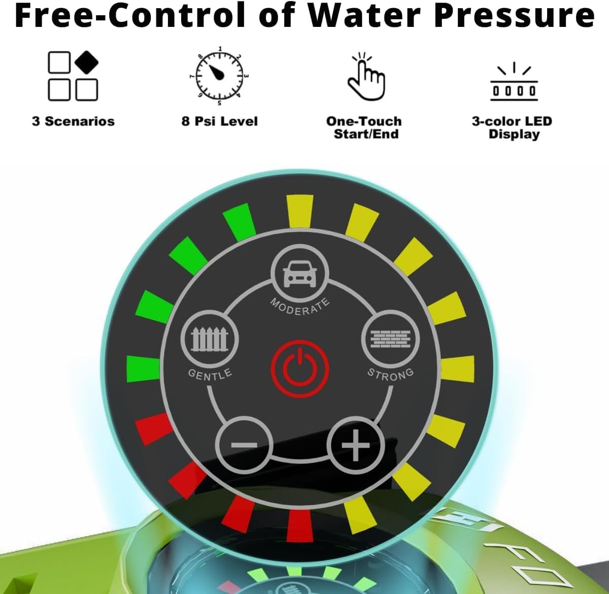Free-Control of Water Pressure  
3 Scenarios  
8 Psi Level  
One-Touch Start/End  
3-color LED Display  
MODERATE  
GENTLE  
STRONG