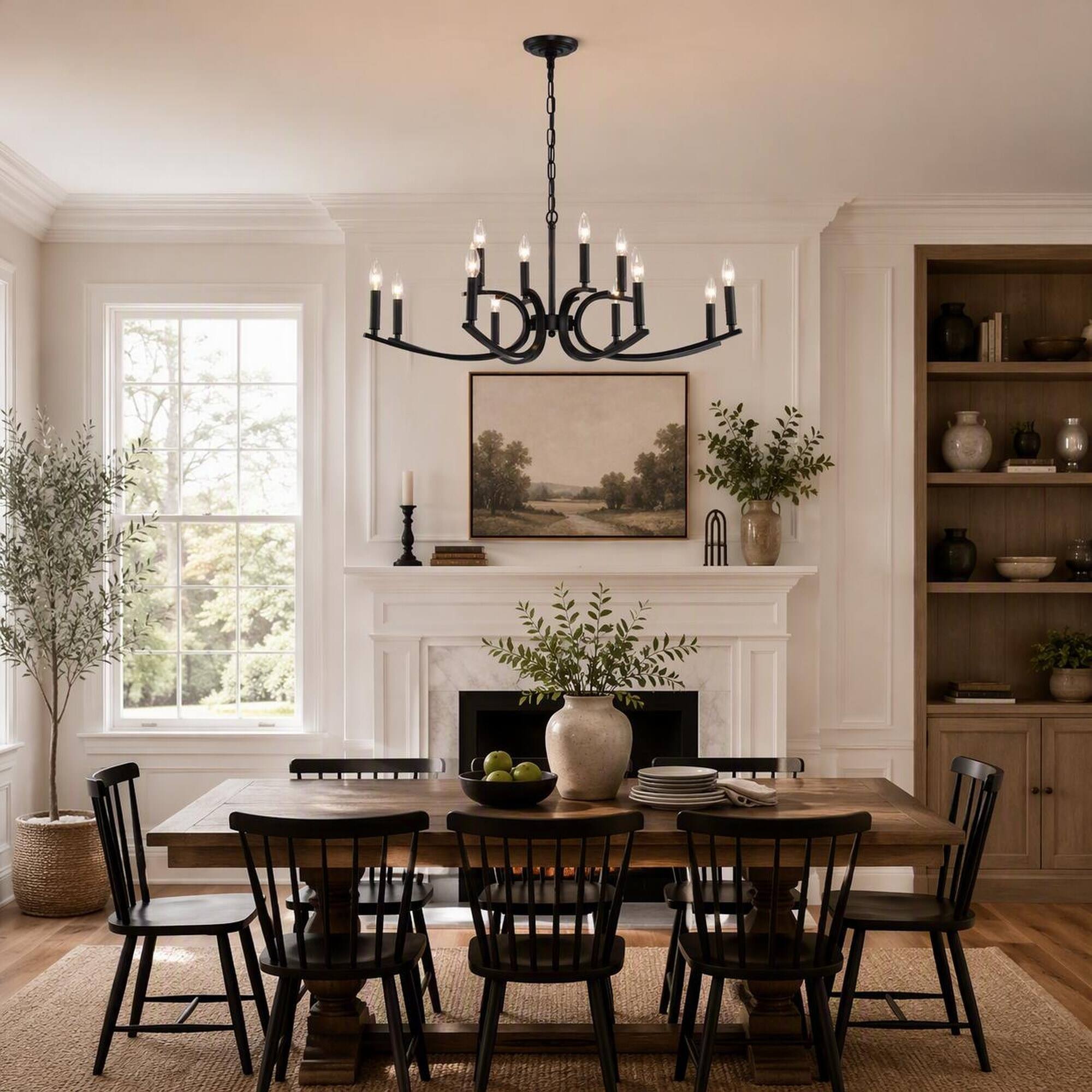 Angle. RYHNUYNE - 12-Light Farmhouse Chandelier in Matte Black, Industrial Metal Pendant for High Ceilings in Living Rooms, Dining Rooms.