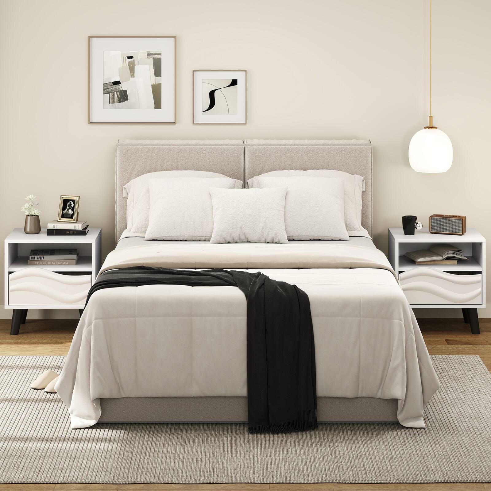 Alt View 5. Gymax - Gymax 2PCS Nightstand w/Drawer 3D Wavy Pattern Open Shelf Small Sofa Couch Side Table - White, Black.