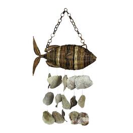 J.D. Yeatts - Large Woven Rattan Fish Shaped Capiz Shell Wind Chime 31 Inches High - Brown