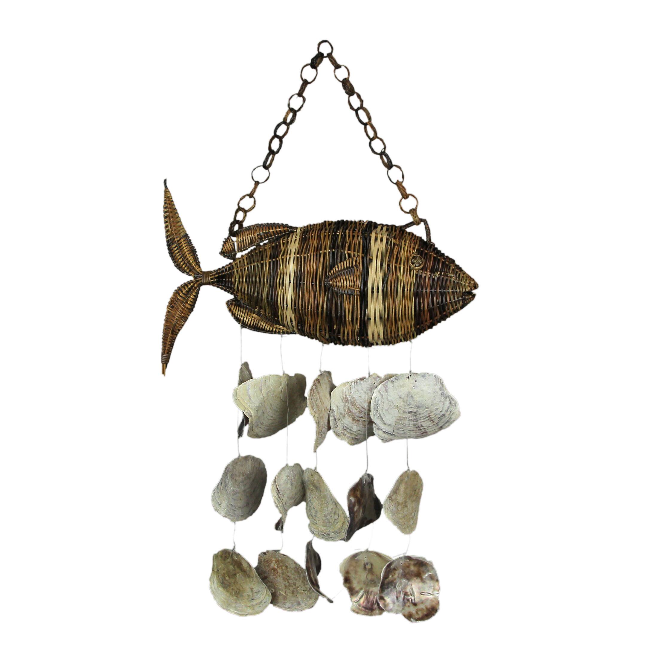 Front. J.D. Yeatts - Large Woven Rattan Fish Shaped Capiz Shell Wind Chime 31 Inches High - Brown.