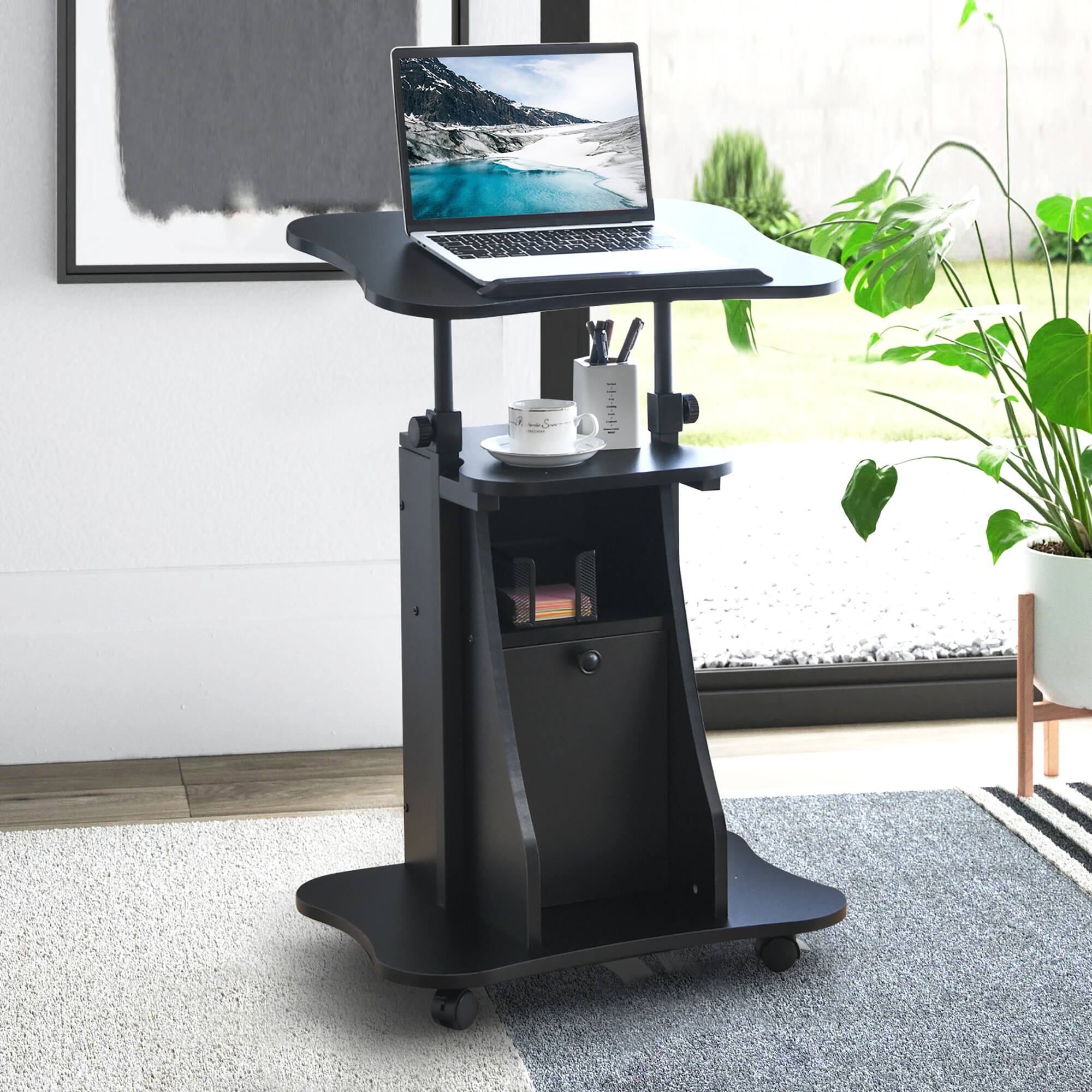 Alt View 2. Costway - Costway Height Adjustable Standing Desk Mobile Podium Cart w/Tilt Desktop & Door Cabinet - Black.