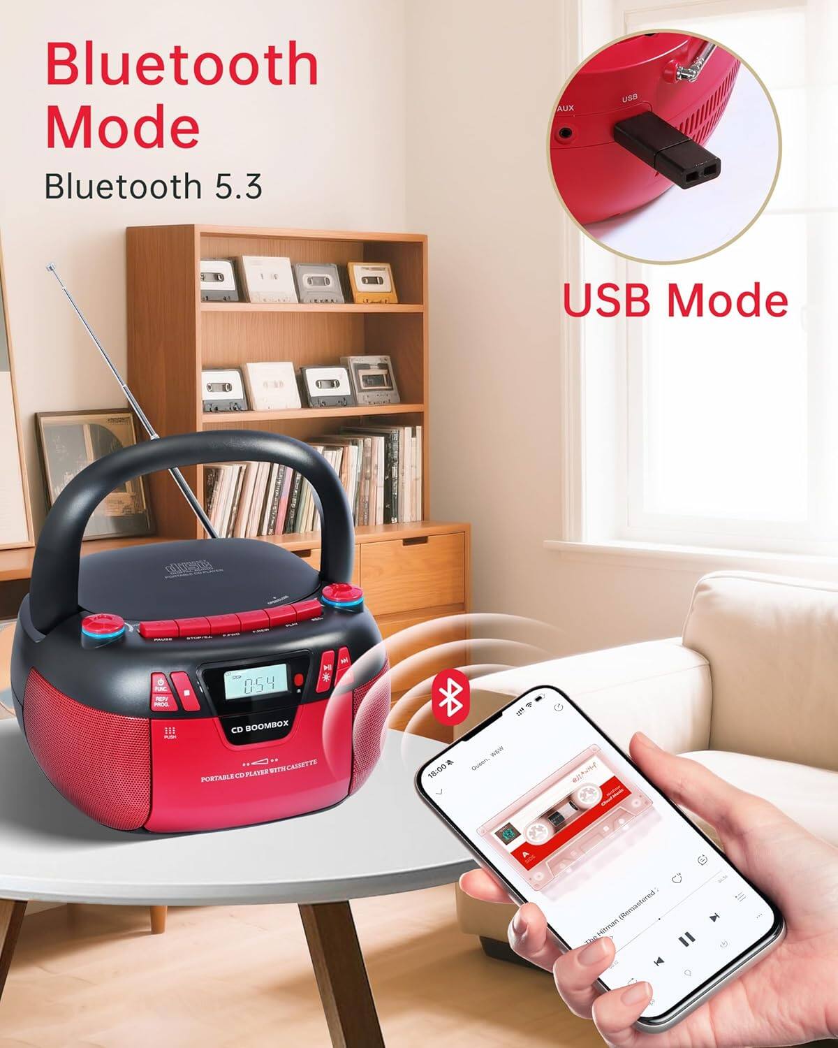 Bluetooth Mode  
Bluetooth 5.3  

USB Mode  

CD DMBBOX  
PORTABLE CD PLAYER WITH CASSETTES  

AUX  
USB  

PORTABLE  

054 1 H - 101 CD XO . . CABETTE FLAITR WTZN  

Remastered