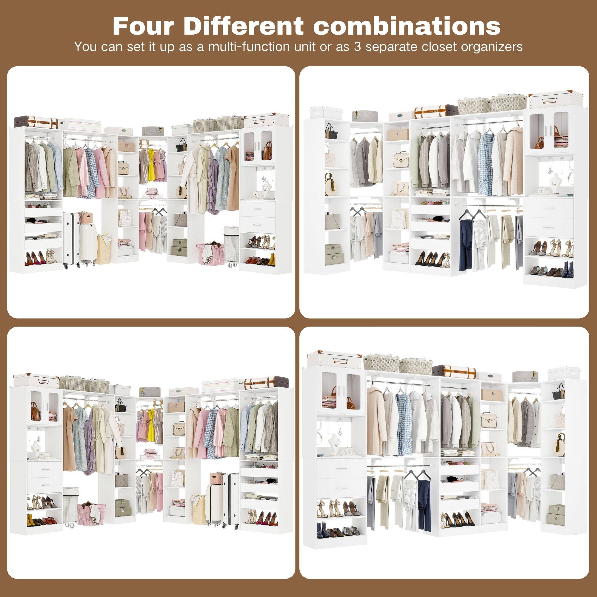 Four Different combinations  
You can set it up as a multi-function unit or as 3 separate closet organizers