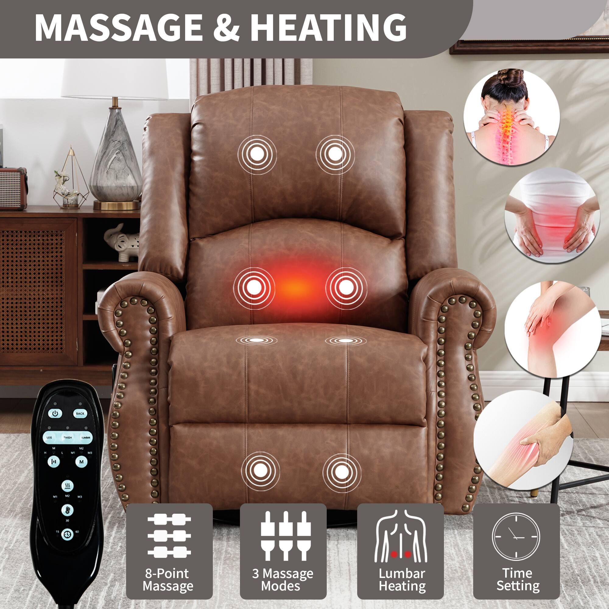 MASSAGE & HEATING

- 8-Point Massage
- 3 Massage Modes
- Lumbar Heating
- Time Setting