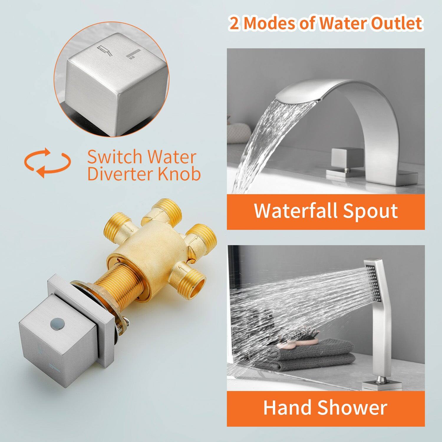 2 Modes of Water Outlet

Switch Water Diverter Knob

Waterfall Spout

Hand Shower