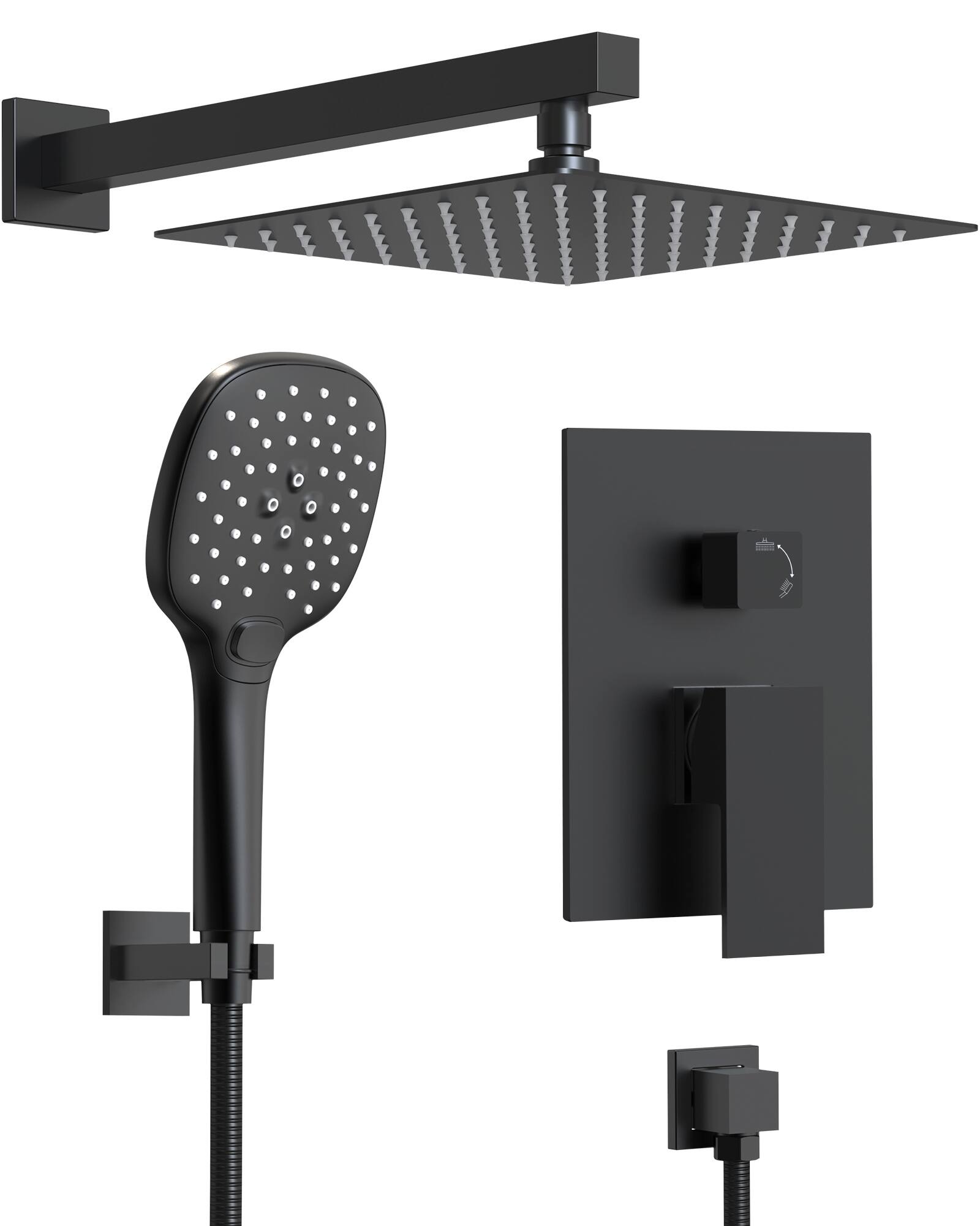 Front. GRANDJOY - Thermostatic Shower Faucet Set with 10" Rain Shower Head and Handheld Sprayer for Wall Mounted Installation - Matte Black.