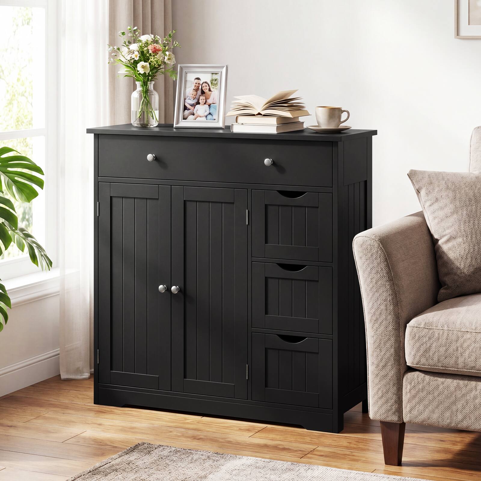 Alt View 1. Gymax - Gymax Bathroom Floor Cabinet Storage Cabinet w/4 Drawers2 Doors&Adjustable Shelf Black - Black.