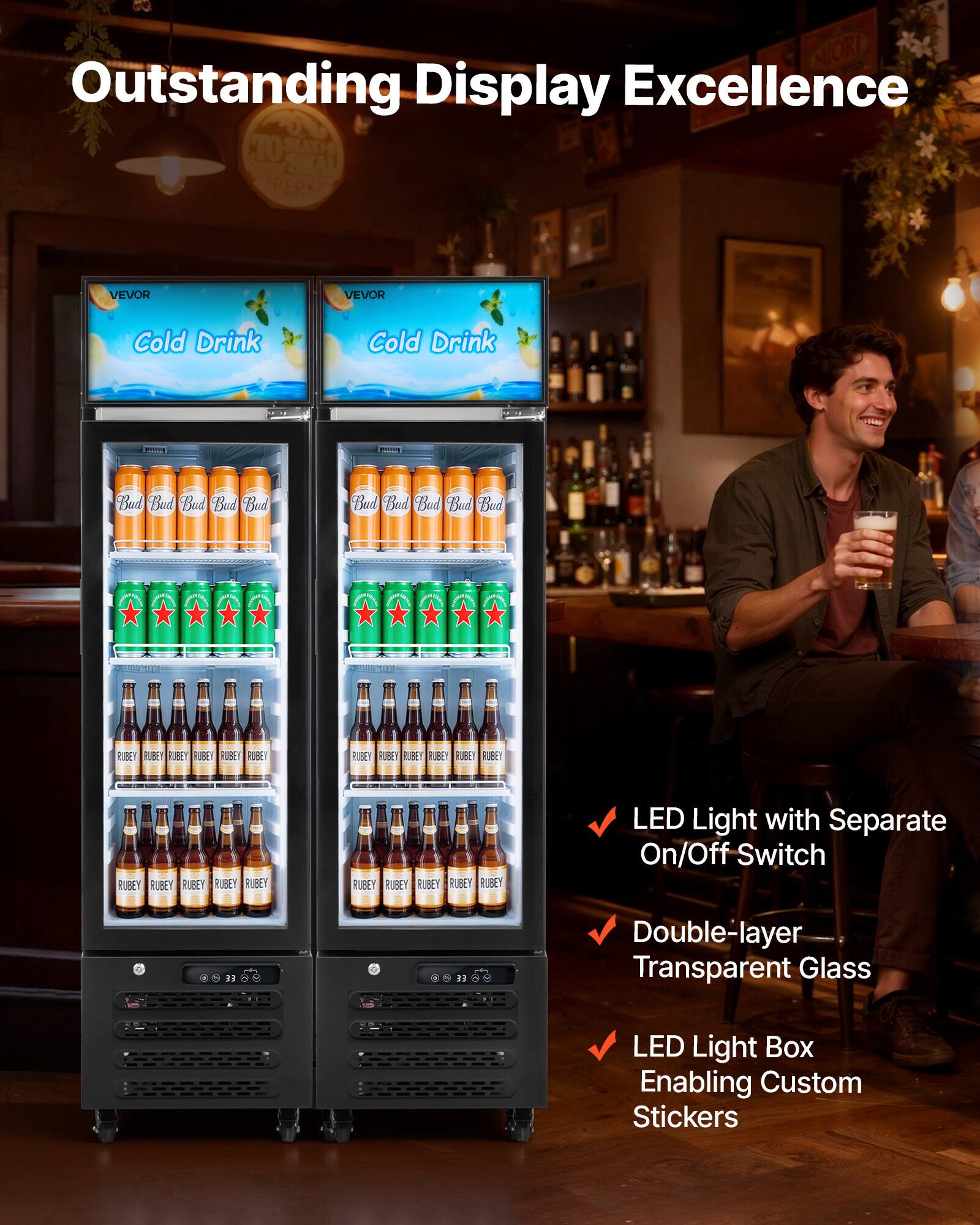 VEVOR Commercial Merchandiser Refrigerator, 6.1 Cu.Ft / 173 L Glass ...