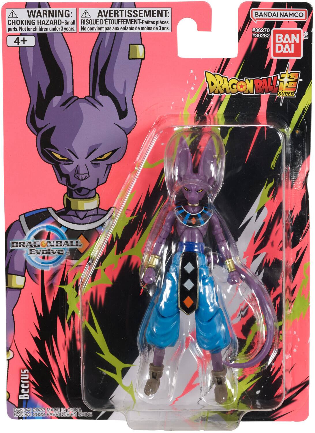 Here is the corrected and grouped text from the image:

---

**Warning:**  
CHOKING HAZARD - Small parts. Not for children under 3 years.  
**Avertissement:**  
Risque d'étouffement - Petites pièces. Ne convient pas aux enfants de moins de 3 ans.

**4+**

**BANDAI NAMCO**  
#36270  
#36282  
BANDAI  
DRAGON BALL SUPER  
Evolve Beerus  
BANDAI 2022  
Made in China  
BANDAI 2022 Fabriqué en Chine

---

This text is from the packaging of a Dragon Ball Super figure by Bandai.