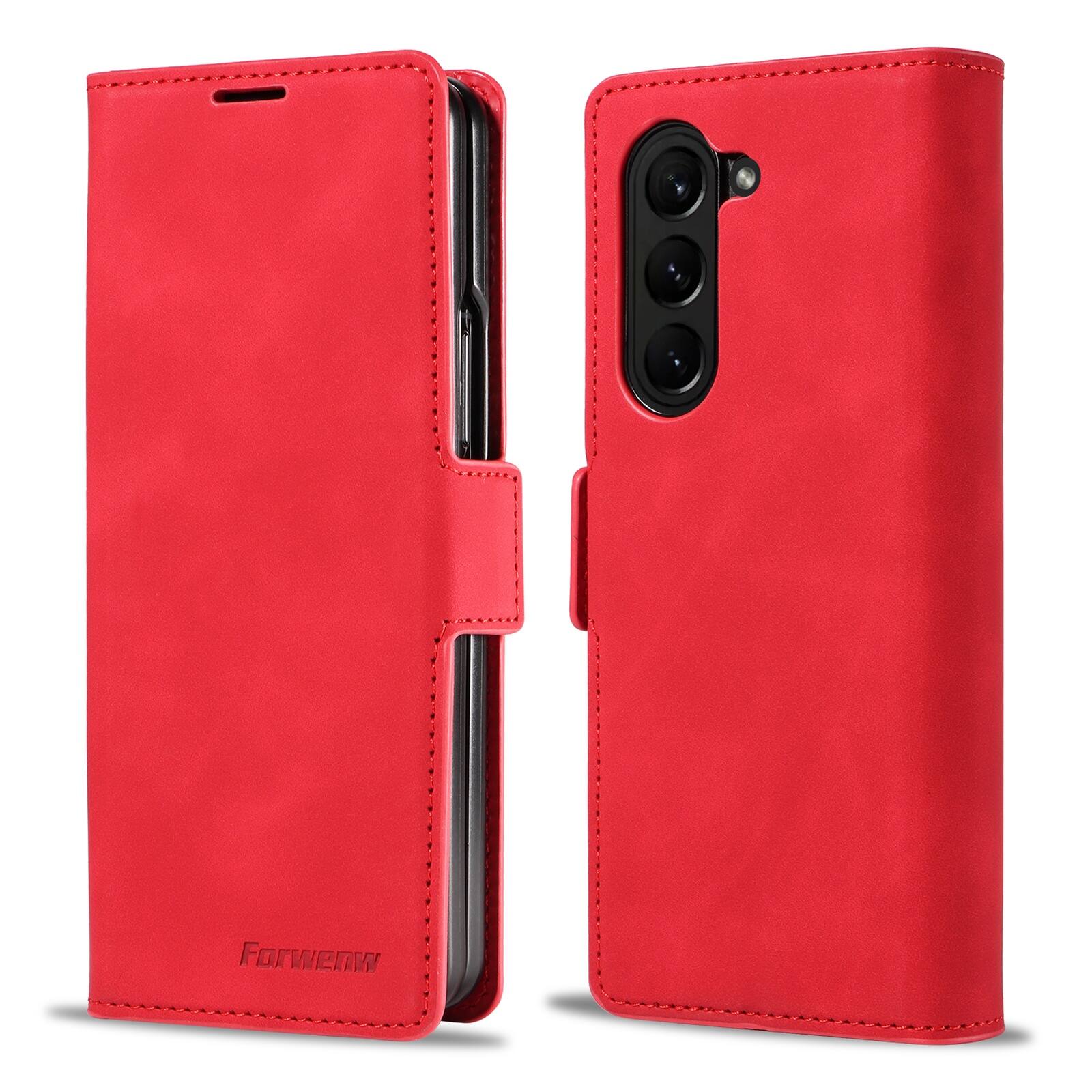 Back. Dteck - Shockproof PU Leather Case for Samsung Galaxy Z Fold 8 Ultra, Wallet RFID Blocking with Card Slots Flip Stand Cover - Red.