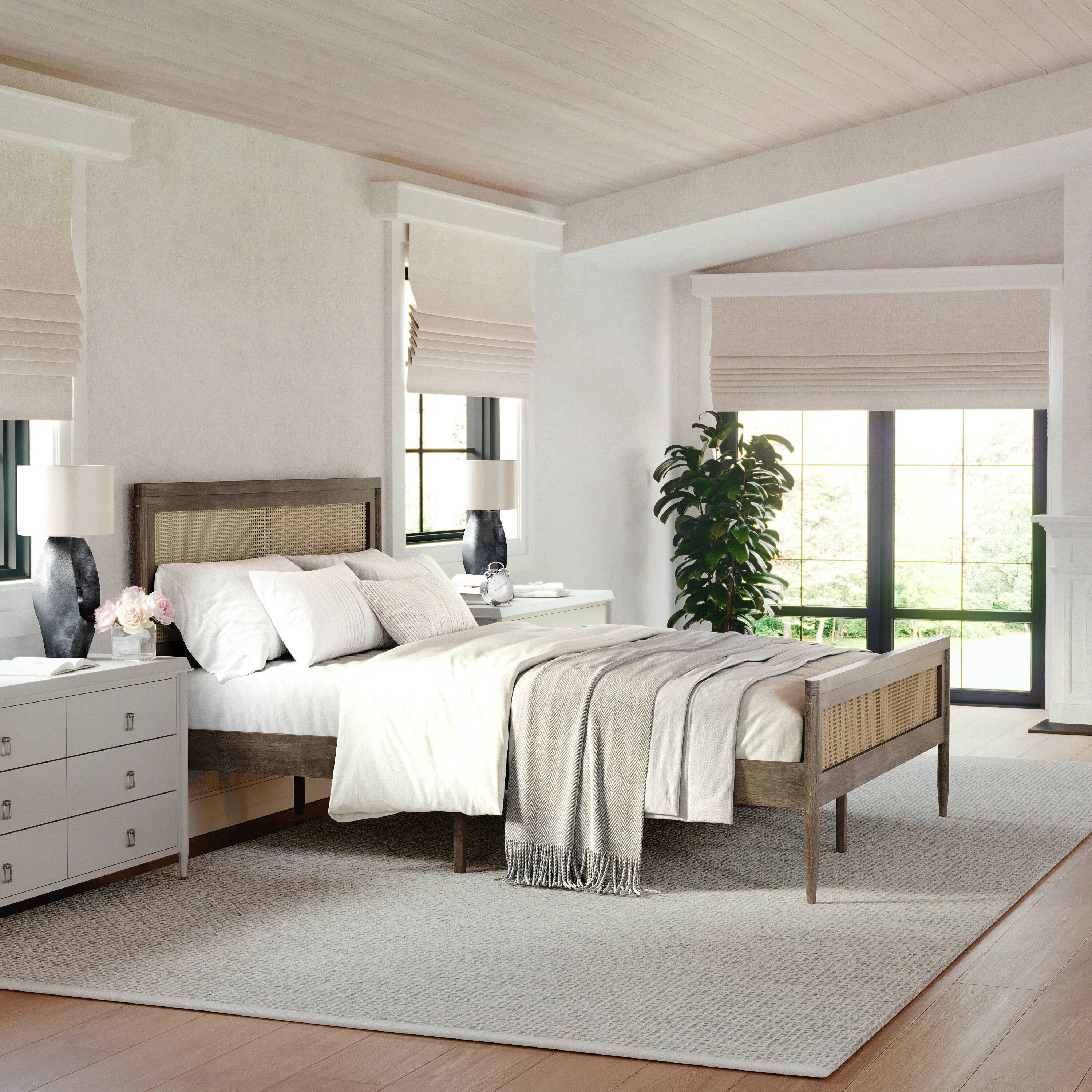 Alt View 14. Martha Stewart - Jax Wooden Queen Platform Bed with Rattan Inset Headboard and Footboard - Brown Gray.