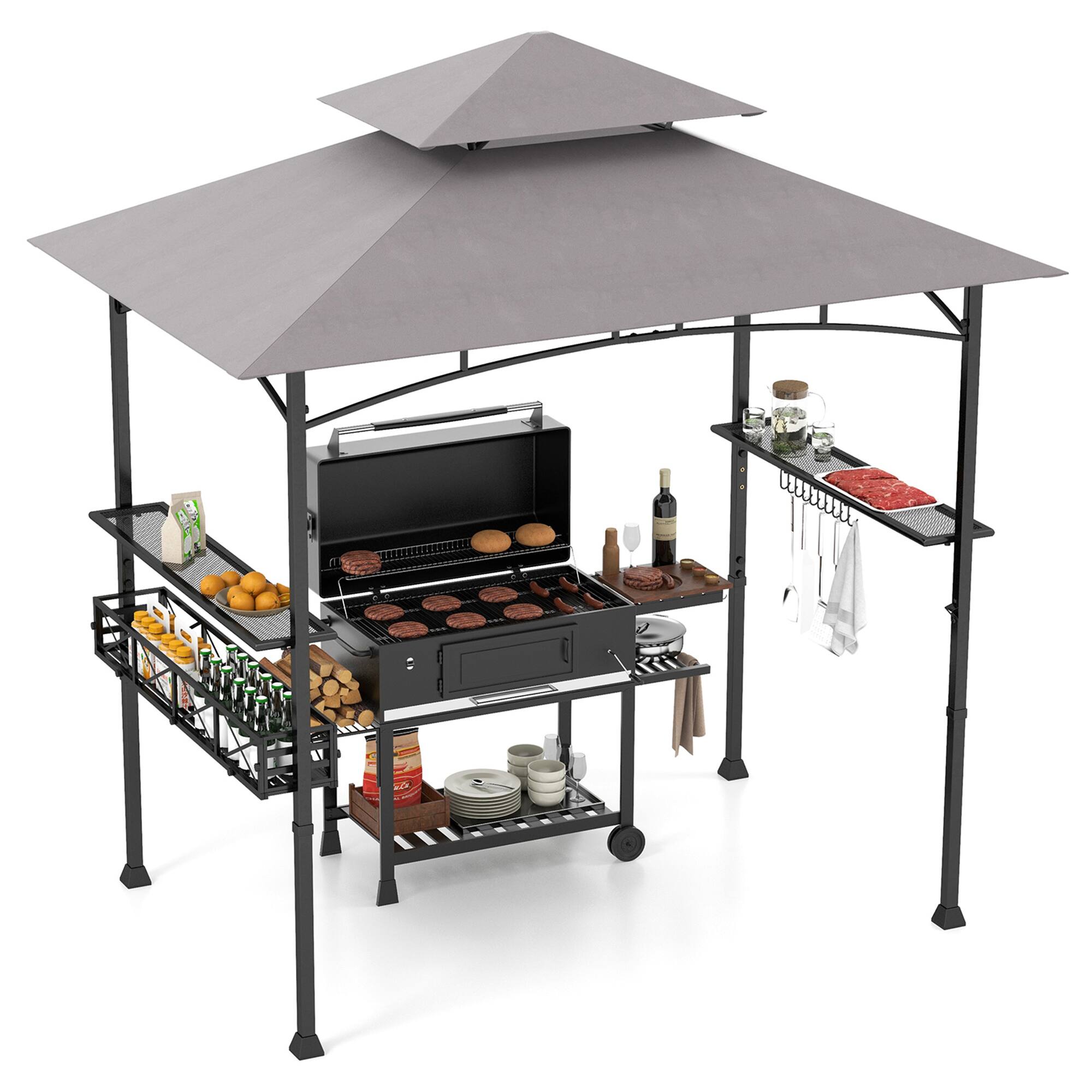 Front. Gymax - Gymax 8 x 5 FT BBQ Grill Gazebo w/ 2 Side Shelves Storage Basket Hanging Hooks Outdoor - Grey, Black.