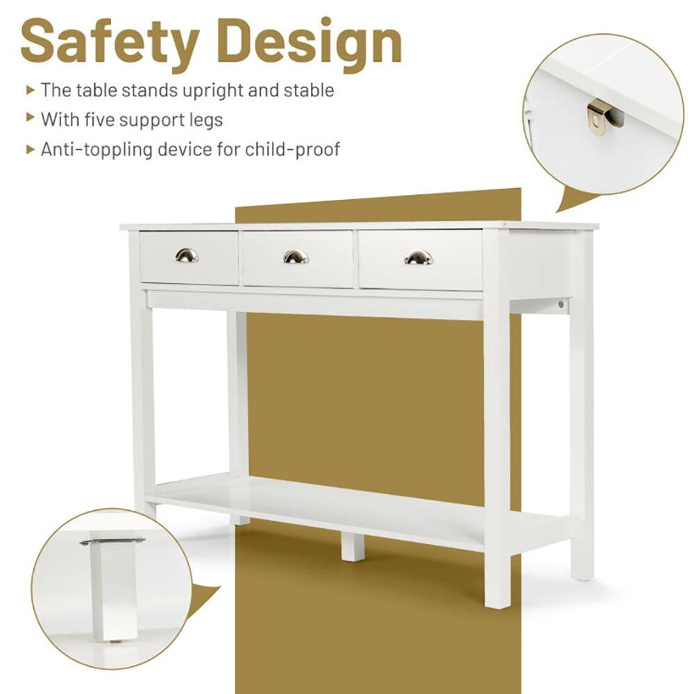 Safety Design  
- The table stands upright and stable  
- With five support legs  
- Anti-toppling device for child-proof