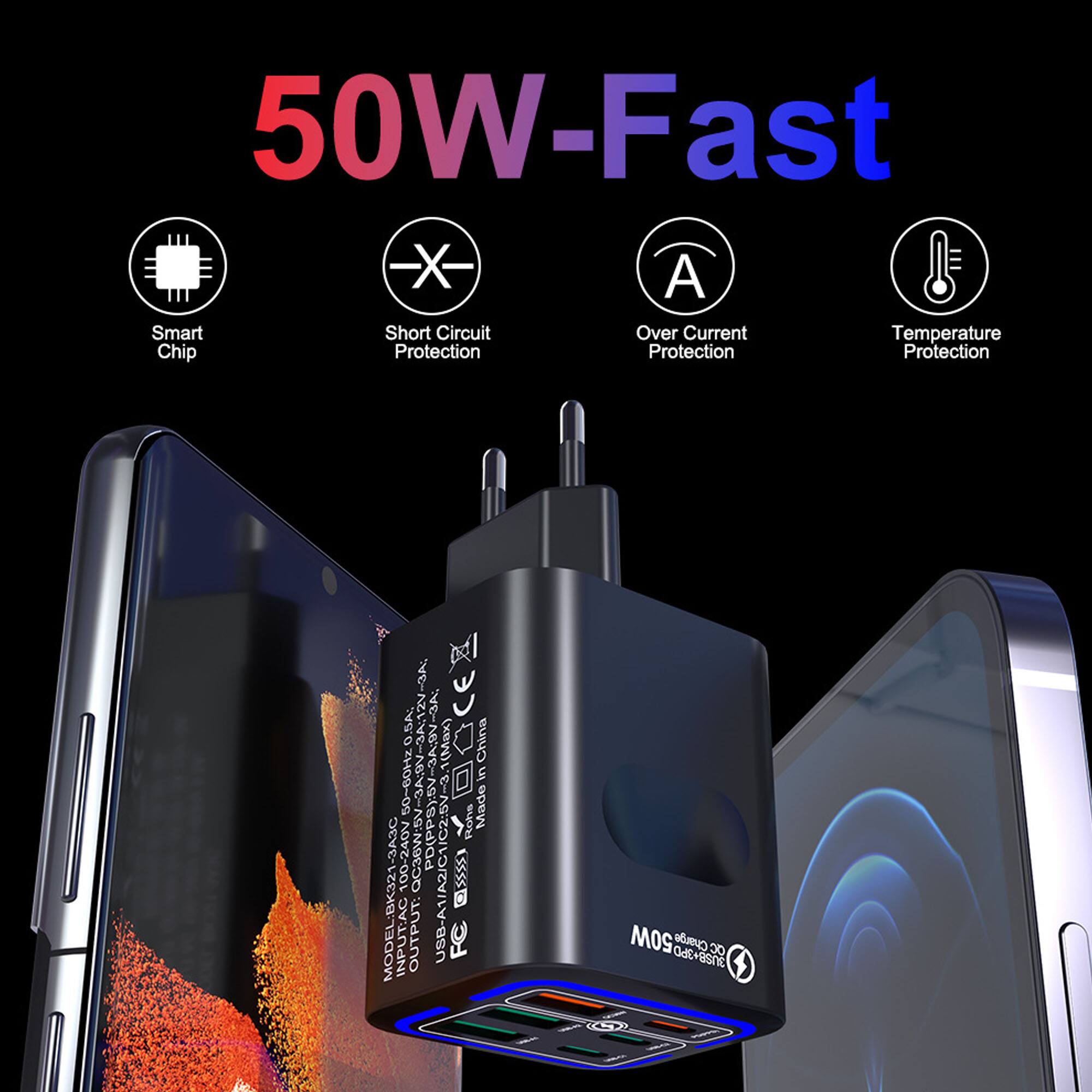 50W-Fast  
- Smart Chip  
- Short Circuit Protection  
- Over Current Protection  
- Temperature Protection  

A: S A SA 3:9V-3A 1 1(Max)  
China 1 in 50~60Hz  
! 0 SV PD(PPS):5V C1/C2:5V3  
Hone obsM 100-240V QC36W:  
MODEL:BK321-3A3C  
INPUT AC OUTPUT USB-A1/A2/C1  
FC 50W 3PD Charge OC  

0dE+BSNE