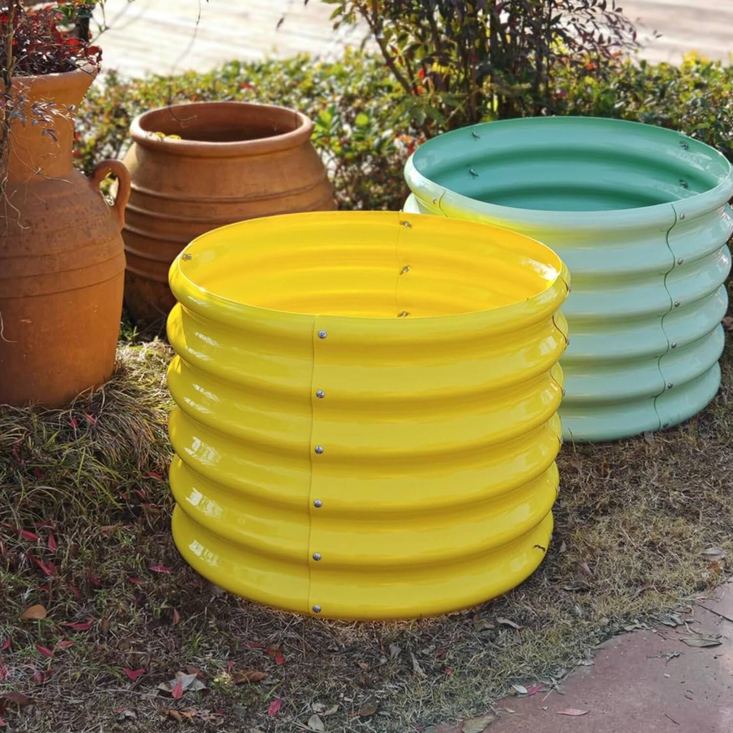 Angle. A Anleolife - 4-Pack Kids Mini Yellow Metal Circle Raised Garden Bed Planter Box for Vegetables (24 in. L x 24 in. W x 18 in. H) - Yellow.