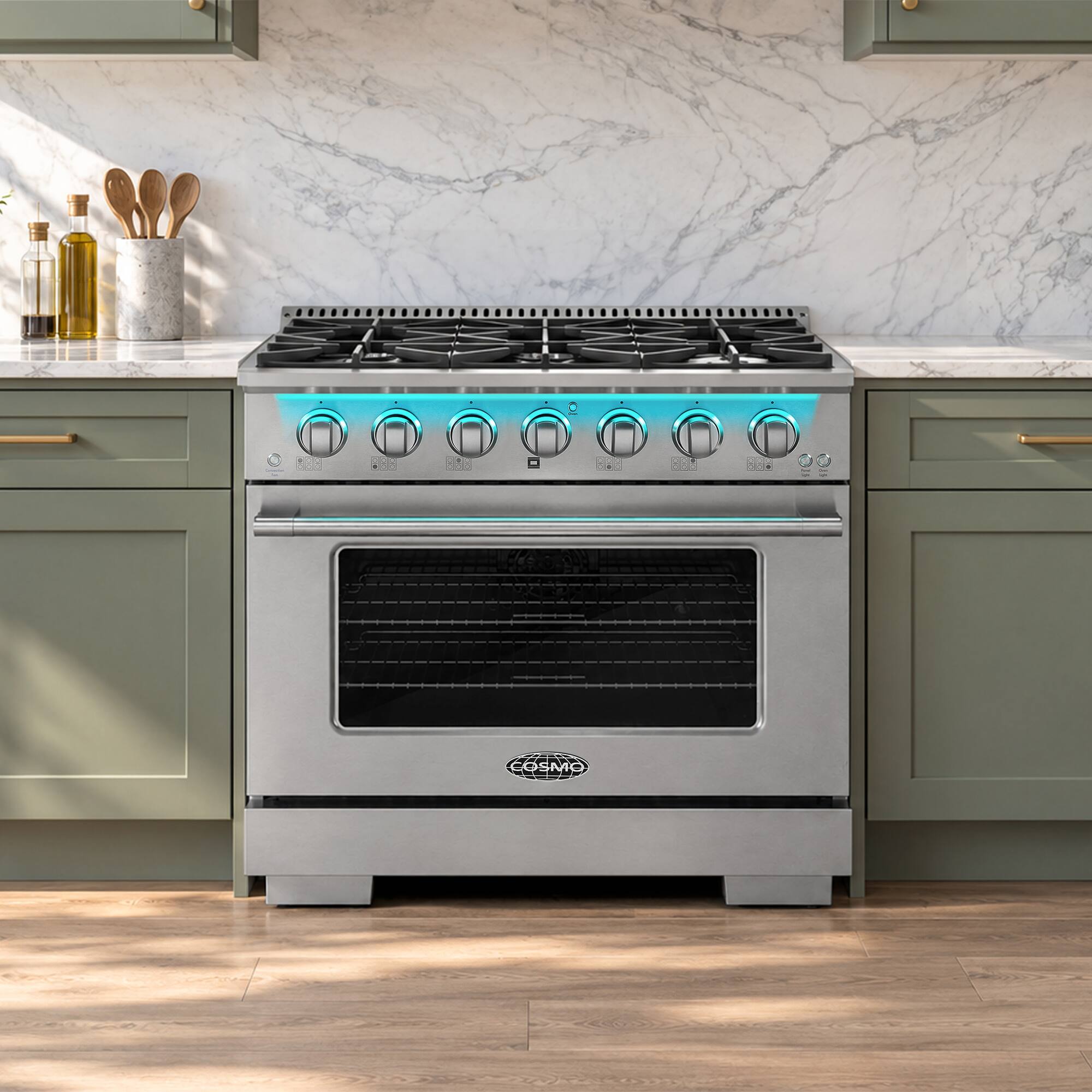 Angle. COSMO - COS-GRP366 36 in. Vista Collection 5.4 cu. ft. Gas Range, 6 Burners, Convection Oven, LED Light Panel - Stainless Steel.
