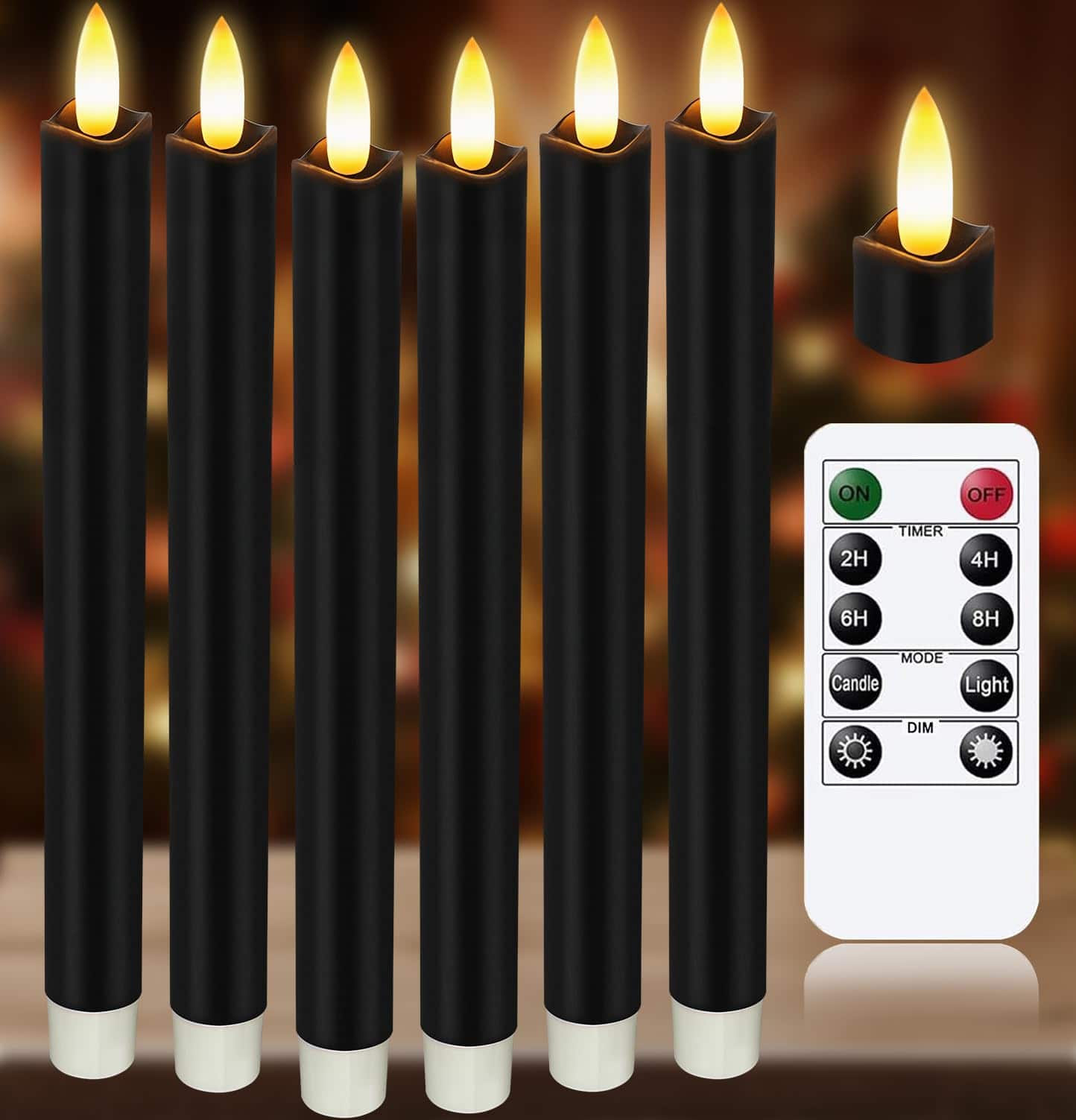 Fabibe - Upgraded Real Wax Short Led Taper Candles With Remote 6 Candlesticks Operated 3d Flickering - 6" Realistic Candle S - A-Black-6PC