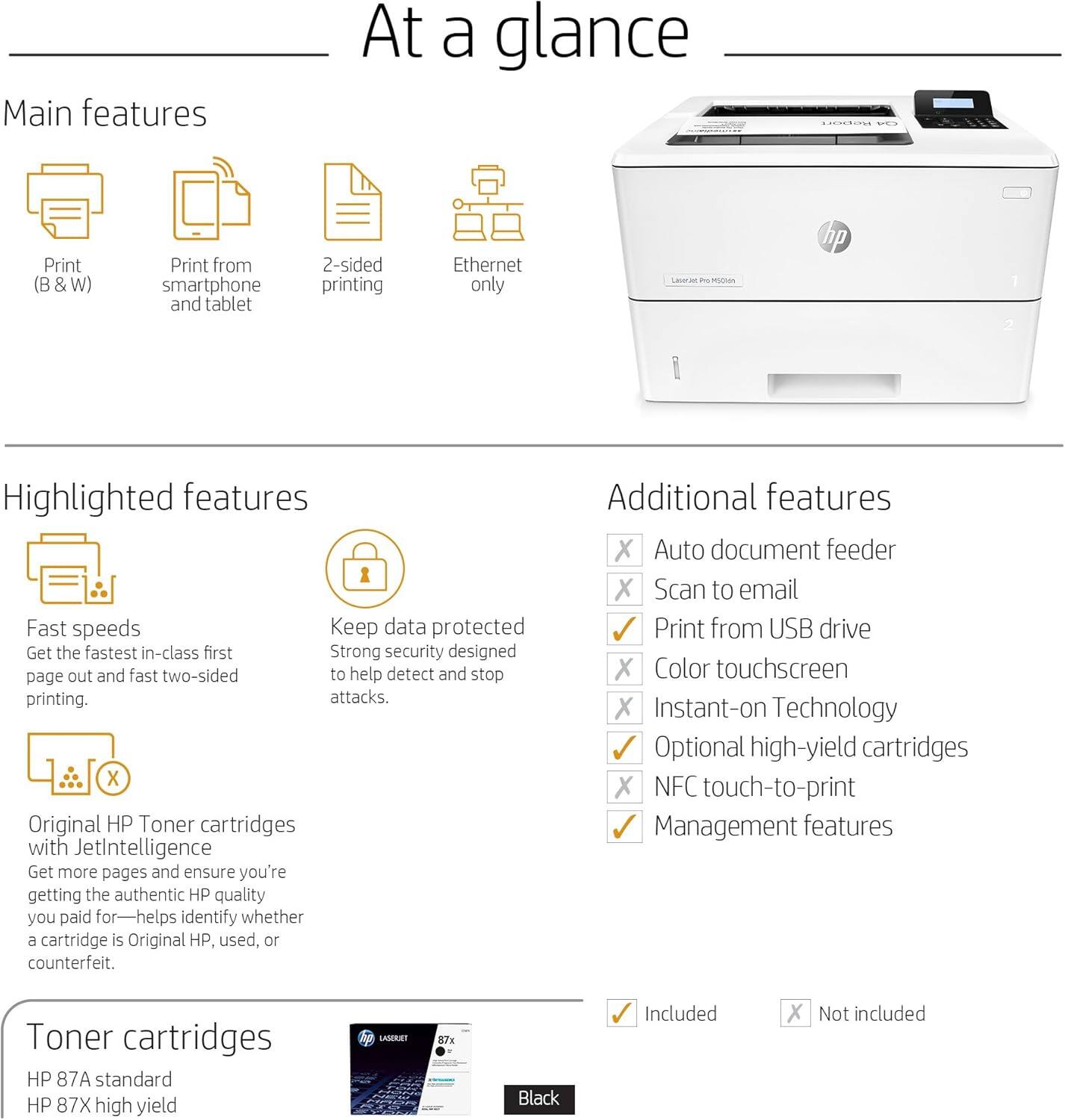 **At a glance**

**Main features**
- Print (B & W)
- Print from smartphone and tablet
- 2-sided printing
- Ethernet only

**Highlighted features**
- Fast speeds: Get the fastest in-class first page out and fast two-sided printing.
- Keep data protected: Strong security designed to help detect and stop attacks.
- Original HP Toner cartridges with JetIntelligence: Get more pages and ensure you're getting the authentic HP quality you paid for—helps identify whether a cartridge is Original HP, used, or counterfeit.

**Additional features**
- Auto document feeder
- Scan to email
- Print from USB drive
- Color touchscreen
- Instant-on Technology
- Optional high-yield cartridges
- NFC touch-to-print
- Management features

**Toner cartridges**
- HP 87A standard
- HP 87X high yield

**Included**
- Print from USB drive
- Optional high-yield cartridges
- Management features

**Not included**
- Auto document feeder
- Scan to email
- Color touchscreen
- Instant-on Technology
- NFC touch-to-print