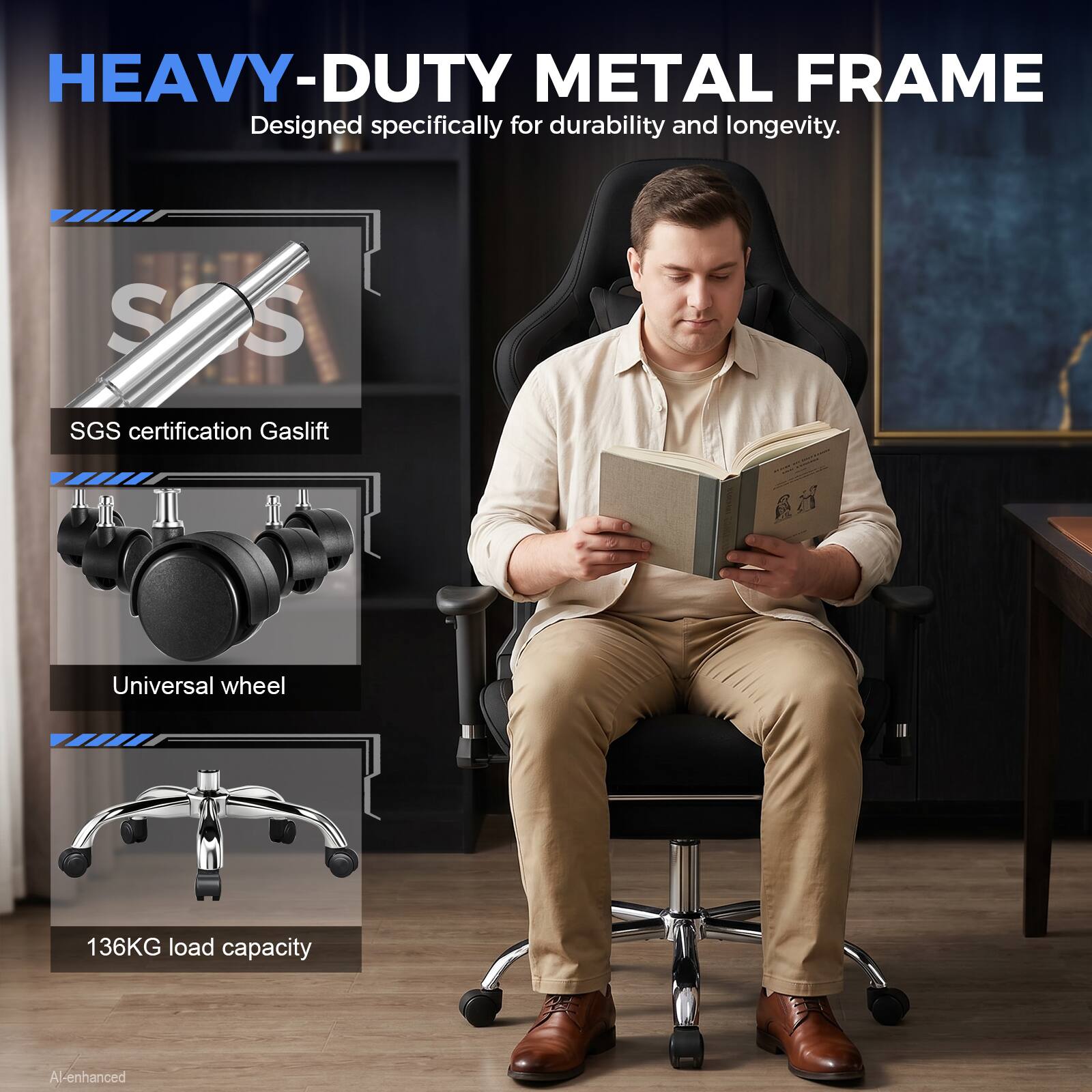 HEAVY-DUTY METAL FRAME  
Designed specifically for durability and longevity.  

SGS certification Gaslift  
Universal wheel  
136KG load capacity  
Al-enhanced