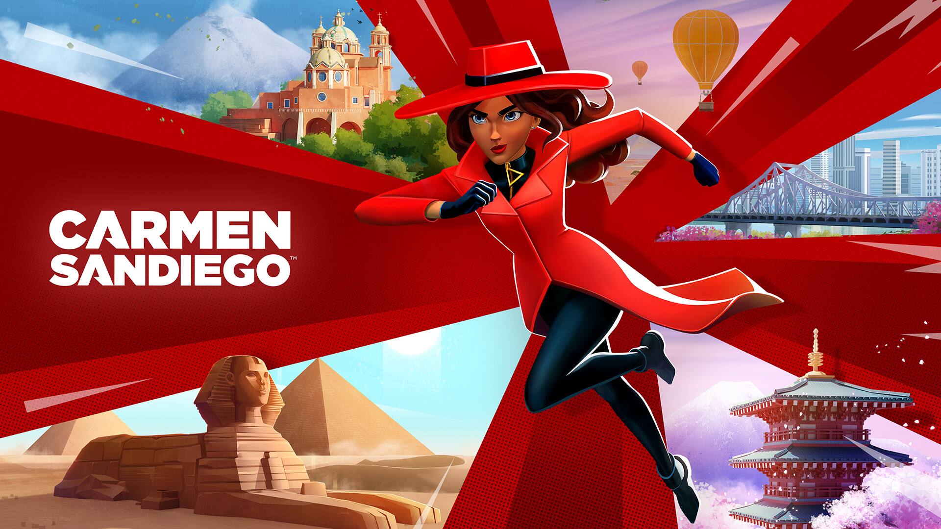 Carmen Sandiego is a character from the popular video game series. The image shows her in a red coat and hat, running through a city. The text on the image reads "Carmen Sandiego," which is the name of the character.