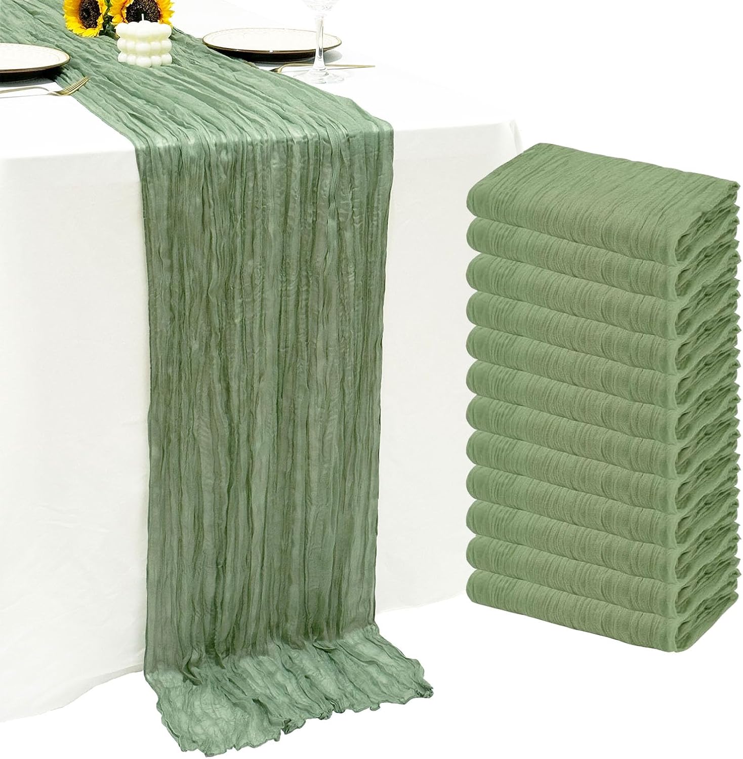 Auledio - 10pcs Polyester Elegant Table Runner Set - Solid Color, Stain-Resistant Knit Fabric for Weddings, Birthdays & Home Decor - Sage Green