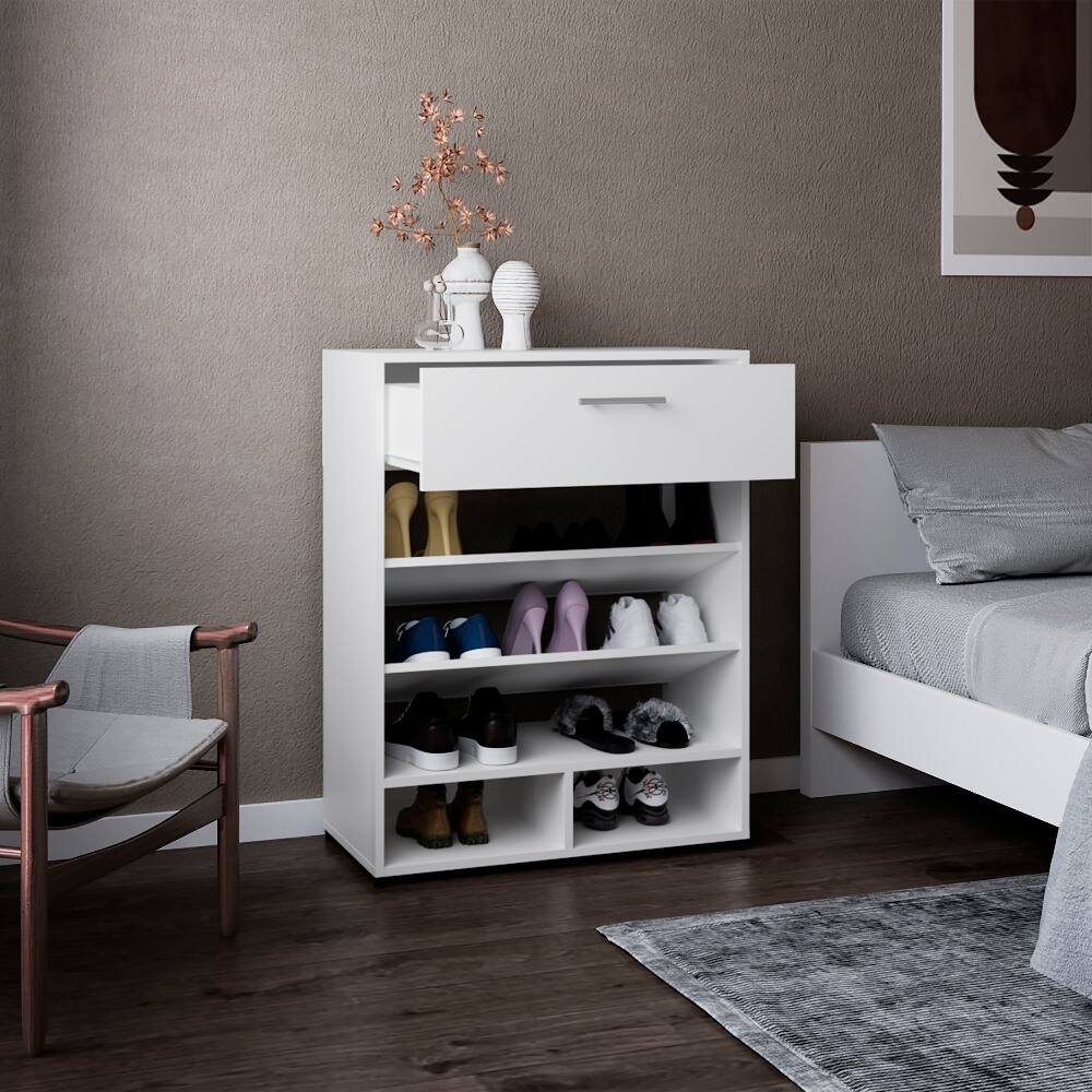 Angle. Loheer - Loheer White 3-Tier Shoe Rack with Top Drawer MDF Wood - White.