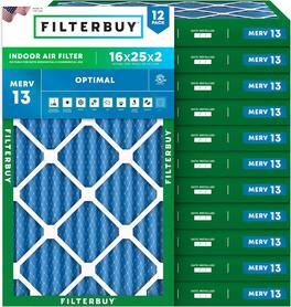 Filterbuy - 16x25x2 MERV 13 Smoke & Allergy Defense, Electrostatic Pleated HVAC AC Furnace Air Filters Replacement (12-Pack) - Blue
