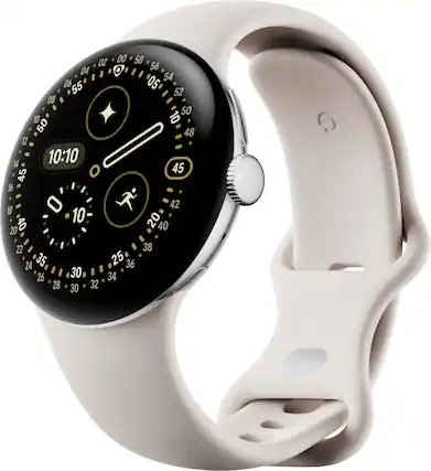 Front. Google - Google Pixel Watch 4 (41mm) - Wi-Fi - Polished Silver Case - Porcelain Band.