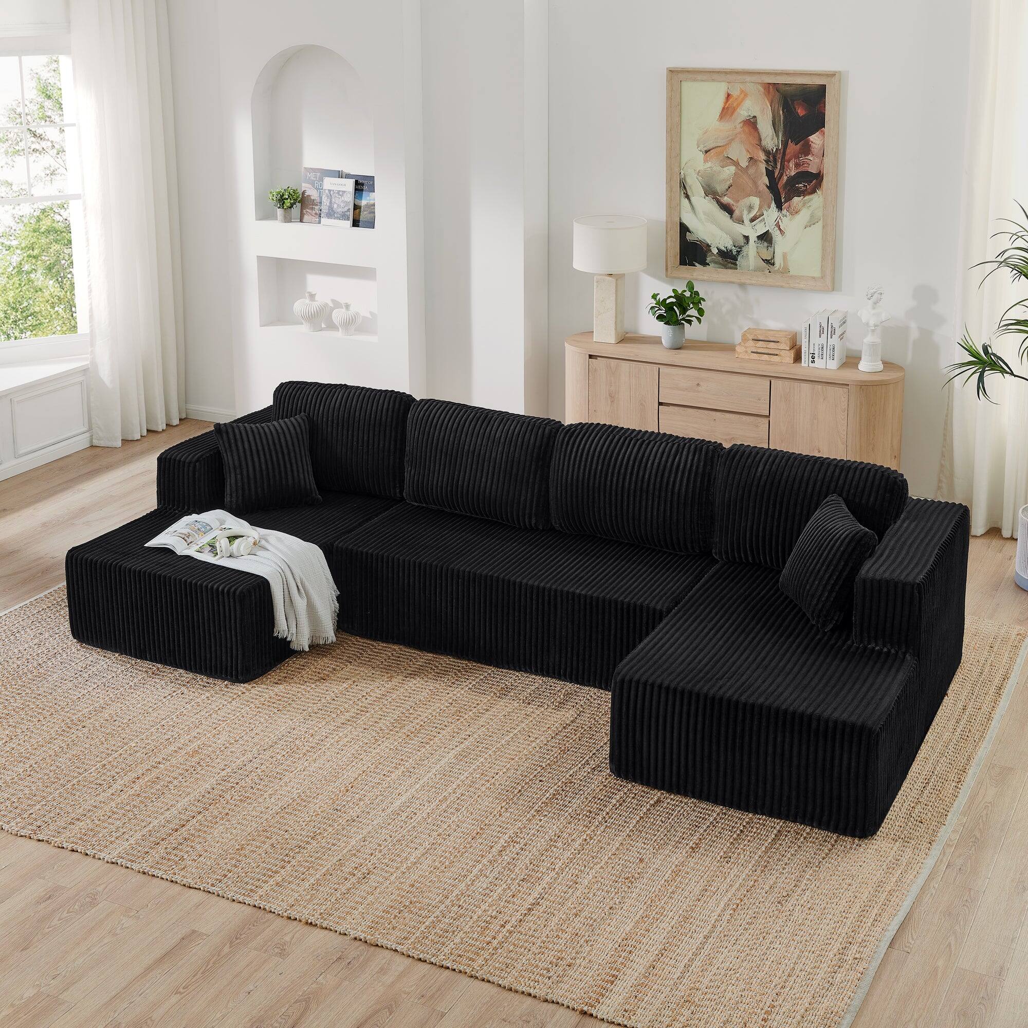 Alt View 4. Boyel Living - U Shape Modular Sectional Sofa Compressed Corduroy Couch Minimalist Sleeper Sofa for Living Room and Bedroom Black - Black.