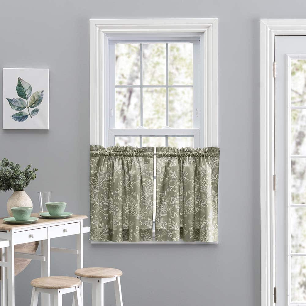 Ellis Curtain - Lexington Leaf Pattern on Colored Ground Curtain Tiers 56"x24" - Sage