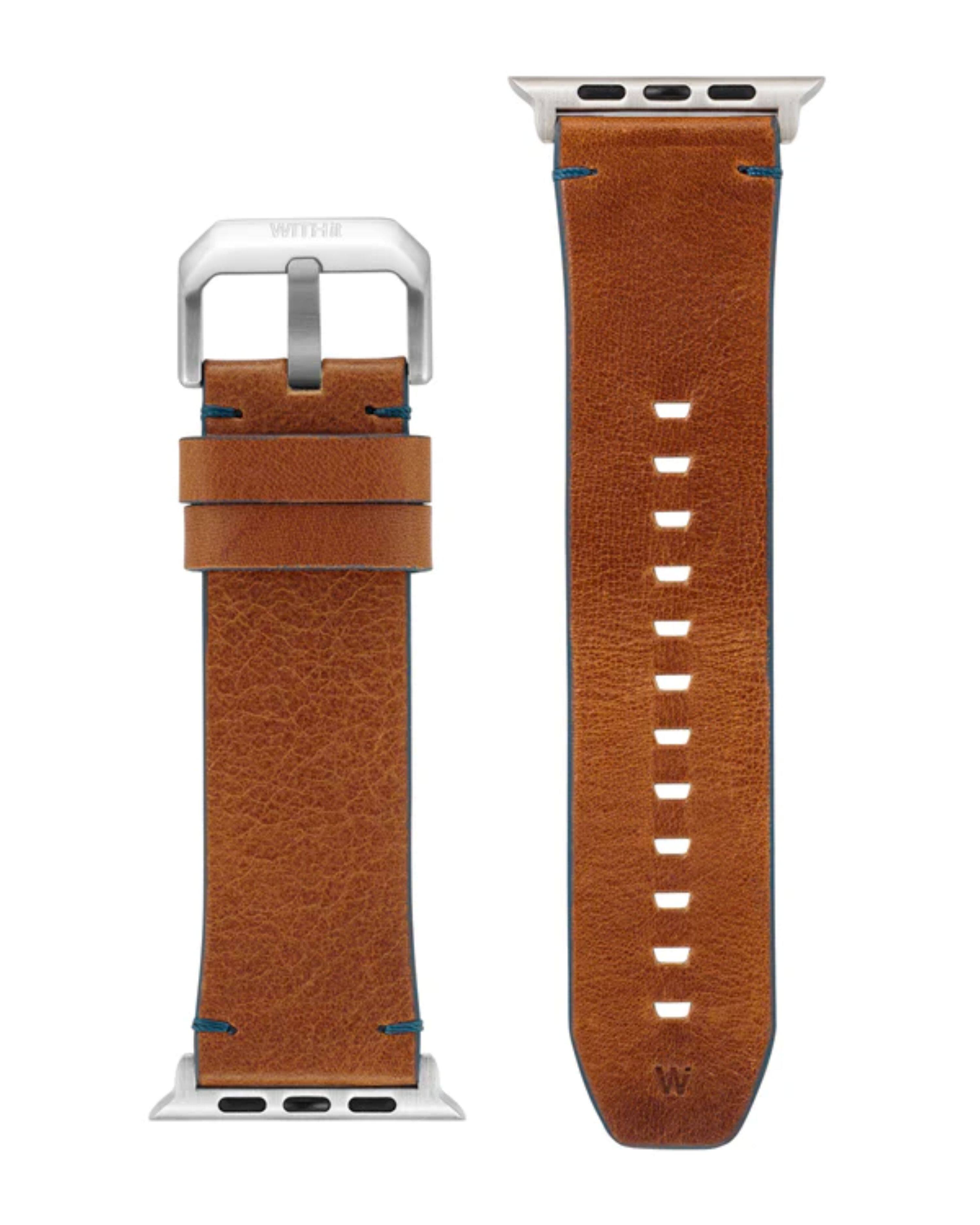 Angle. Wrangler - LWG Cognac Smooth Leather Band with Steel Lugs – 24mm x 22mm, Compatible with 42/44/45/49mm Apple Watch - Brown.