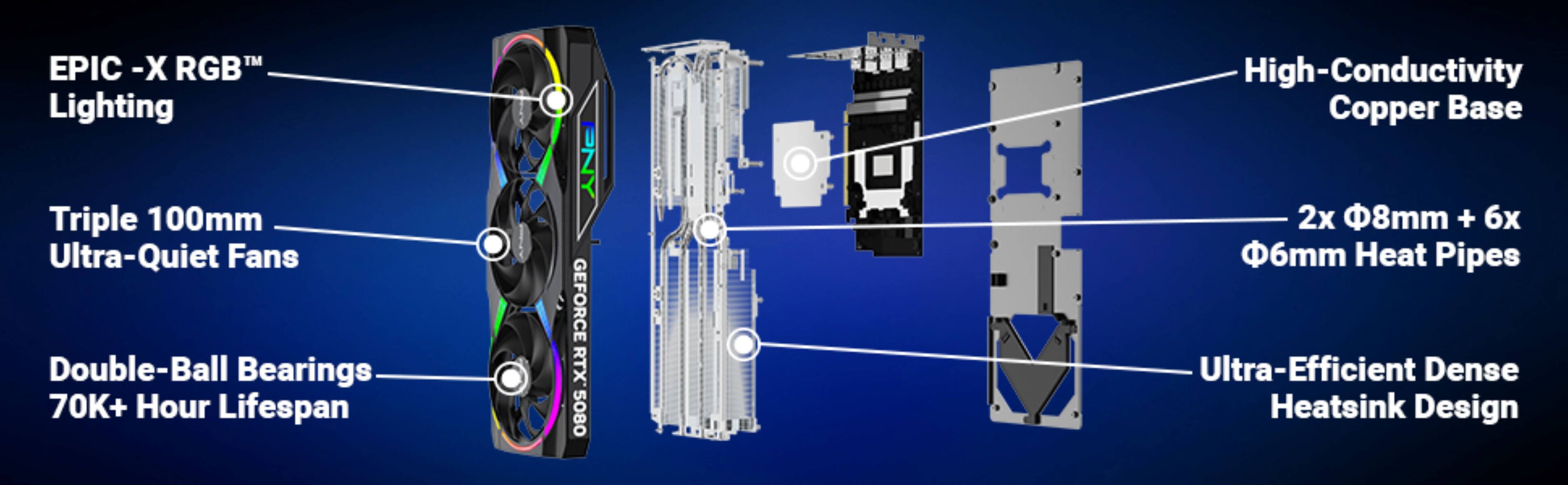 - EPIC-X RGB™ Lighting
- Triple 100mm Ultra-Quiet Fans
- Double-Ball Bearings 70K+ Hour Lifespan
- High-Conductivity Copper Base
- 2x Φ8mm + 6x Φ6mm Heat Pipes
- Ultra-Efficient Dense Heatsink Design
